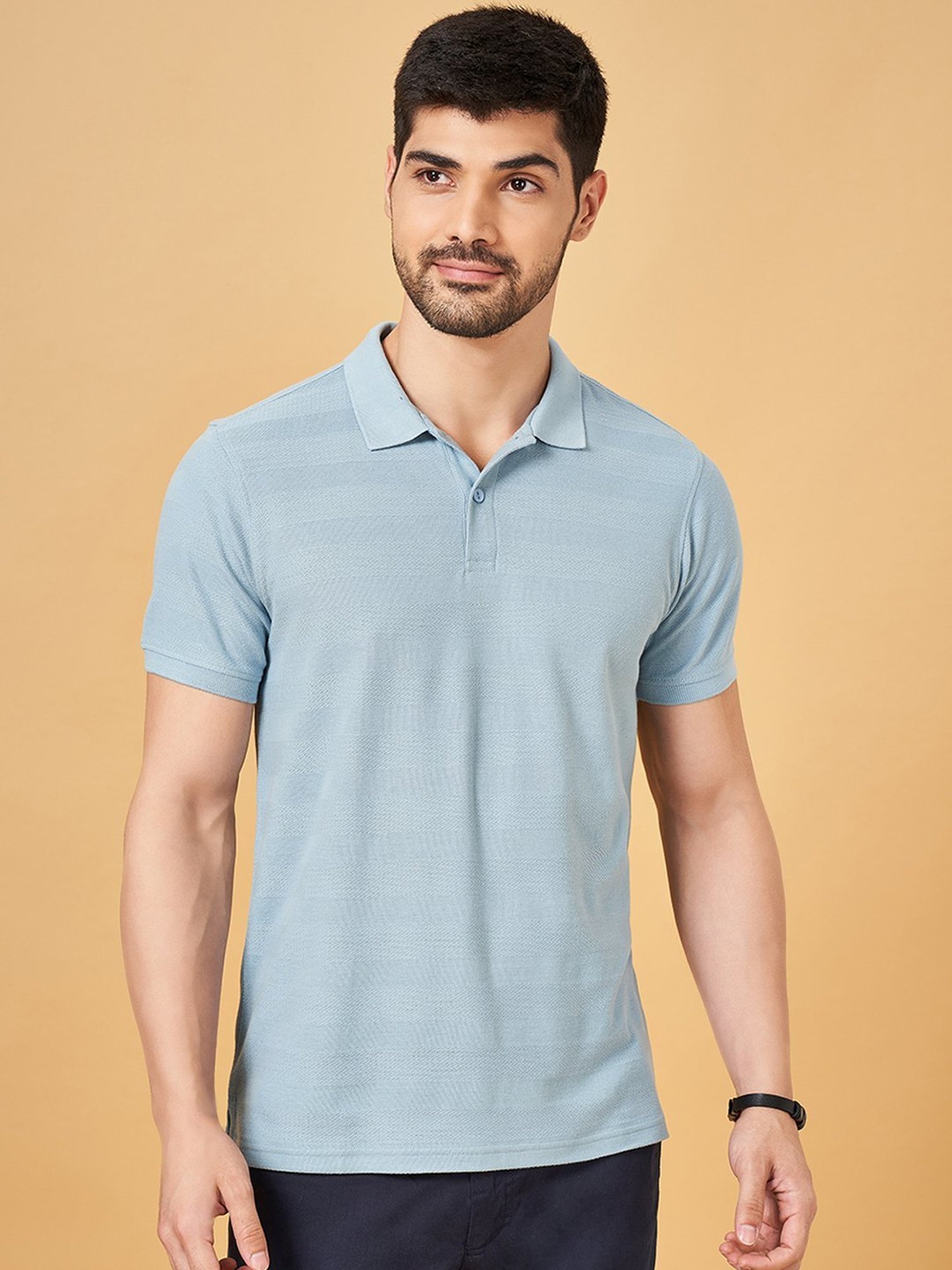 Byford By Pantaloons Blue Slim Fit Self Pattern Polo T-Shirt