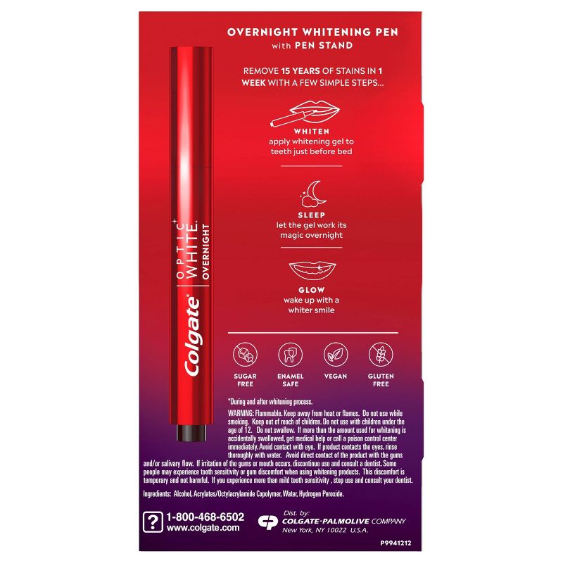 Colgate Optic White Overnight Teeth Whitening Pen with 3% Hydrogen Peroxide Gel Treatment - 0.08 fl oz