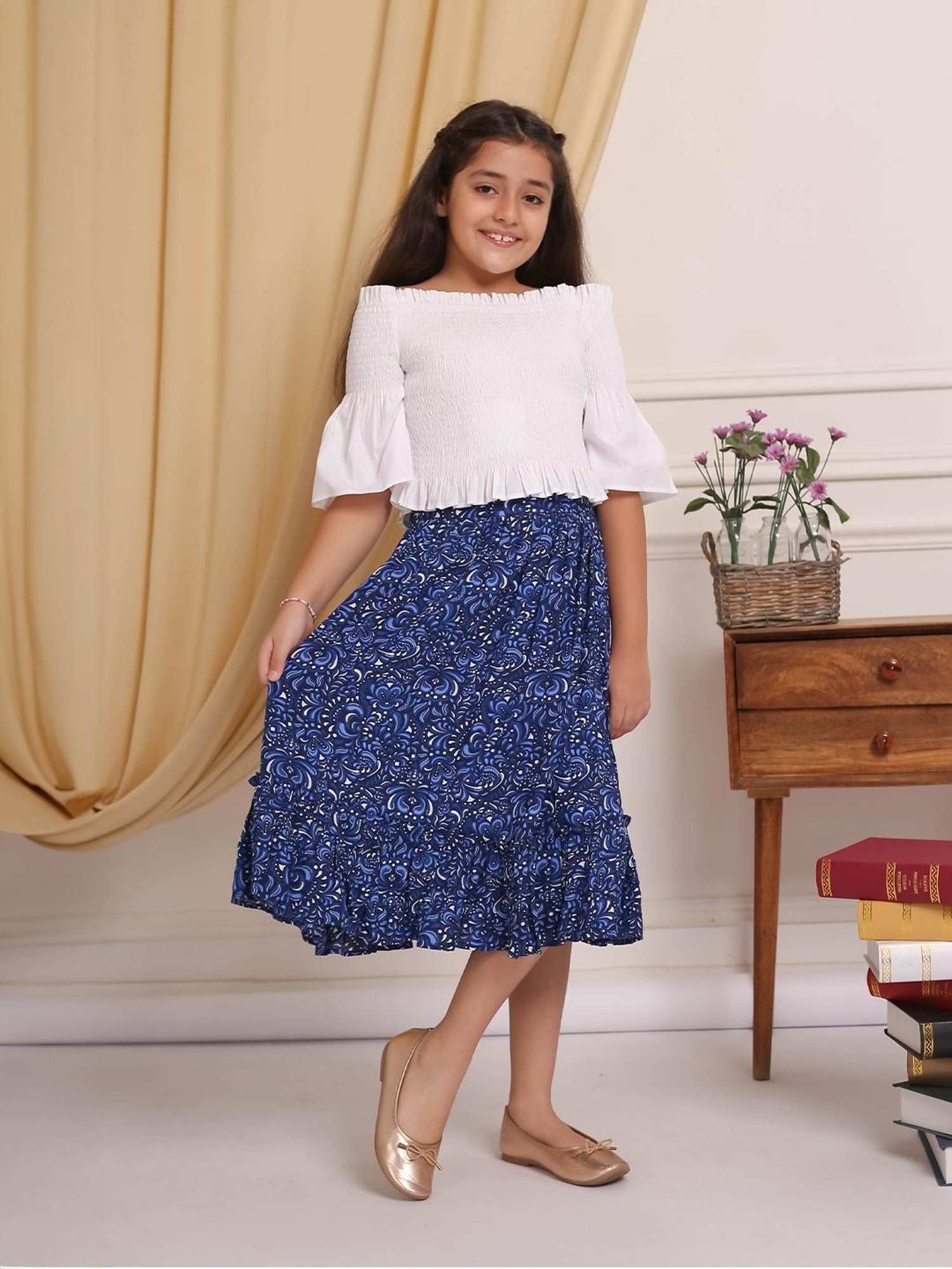 Budding Bees Girls White & Blue Printed Top with Skirt