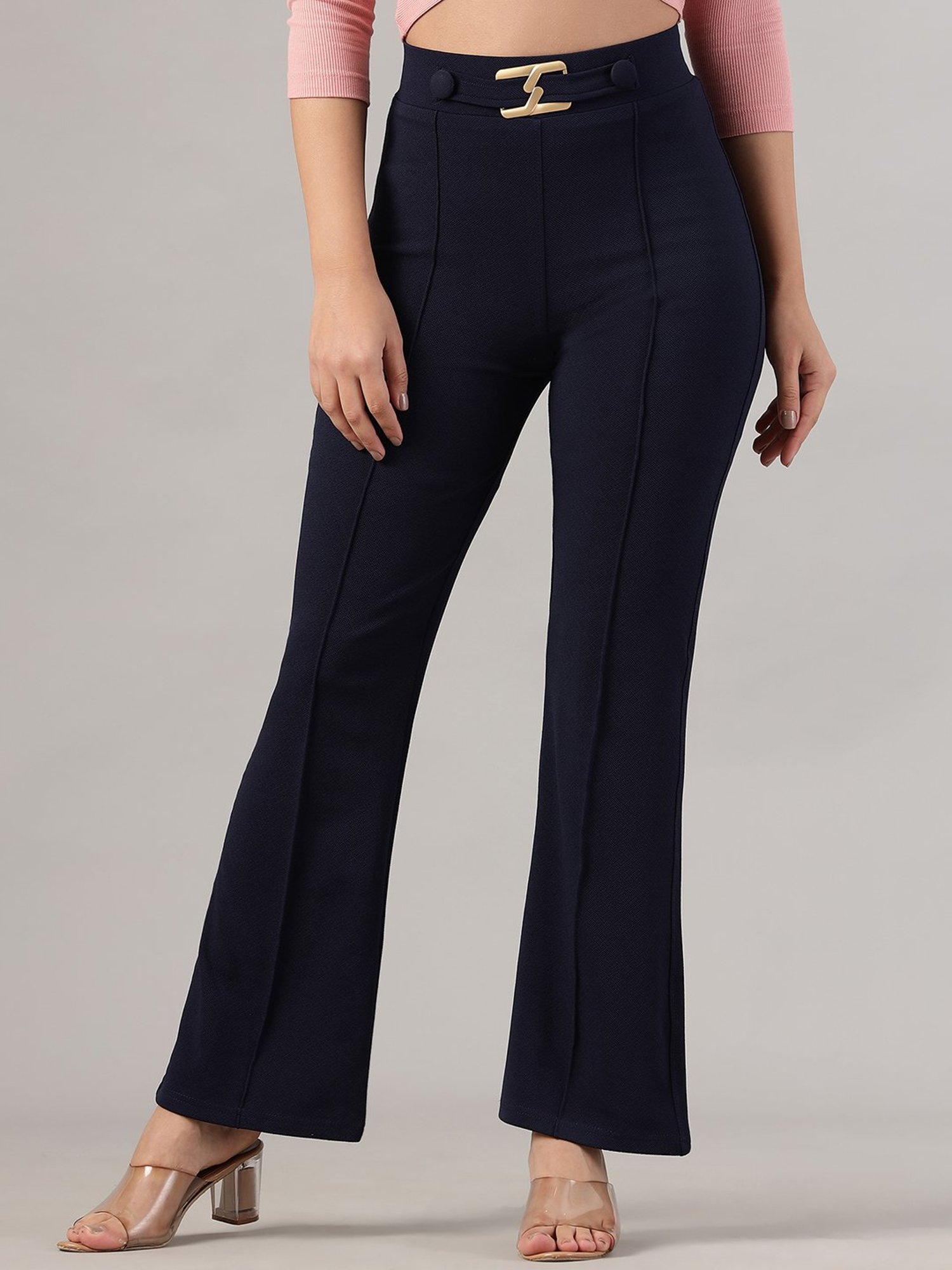 FITHUB Navy Regular Fit High Rise Trousers