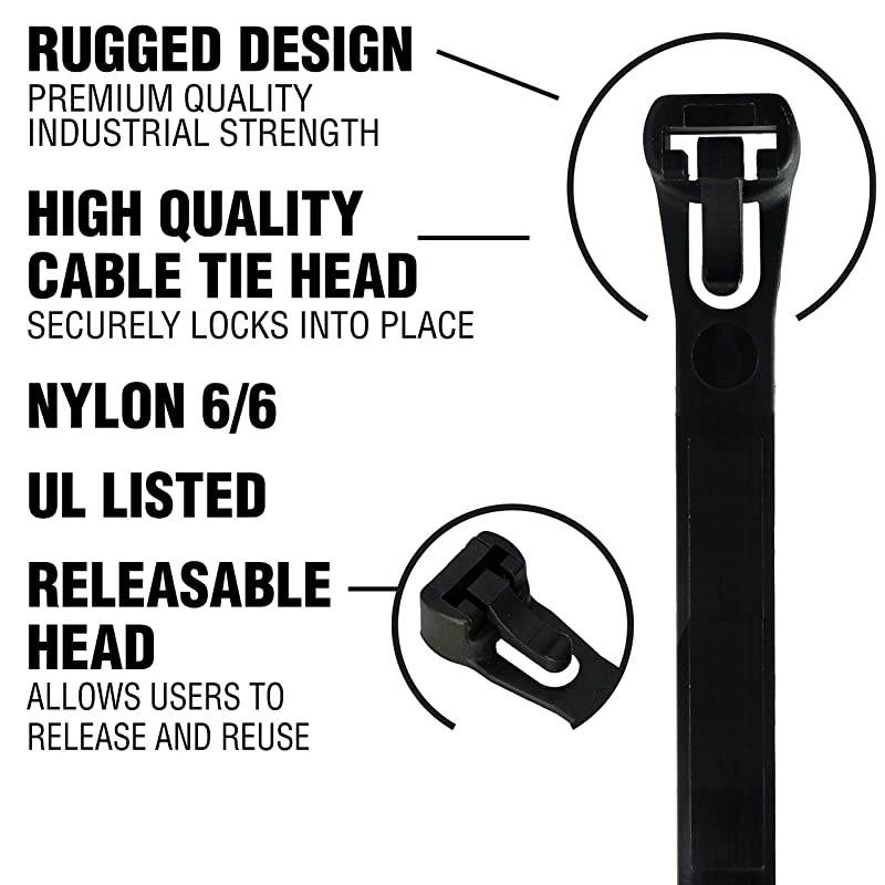 ZipIts Releasable Cable Ties 8 Inch 50 Lb Zip Ties 20 Pieces Assortment 10 Pieces Natural 10 Pieces UV Black UL Listed Contractor Quality Industrial Strength