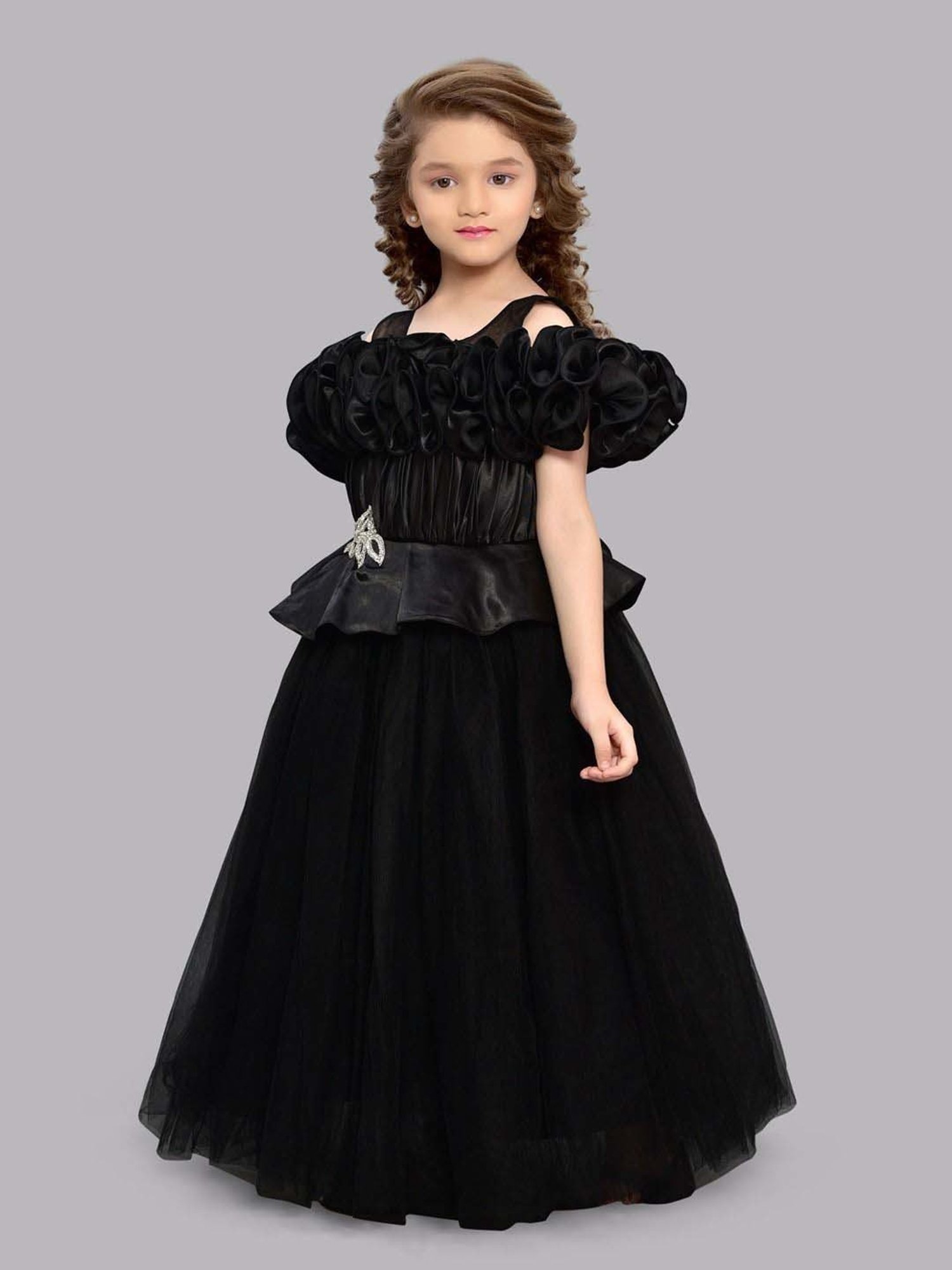 Pink Chick Kids Black Solid Party Gowns