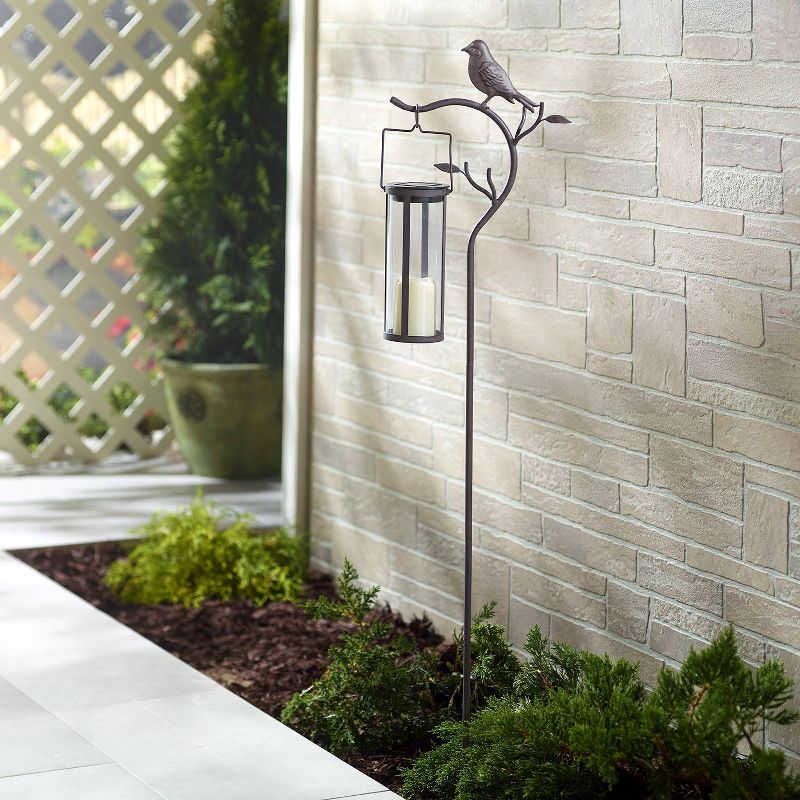 17.5" Provence Bird Stake with Hanging/Tabletop Solar Outdoor Lantern Brown - Smart Solar