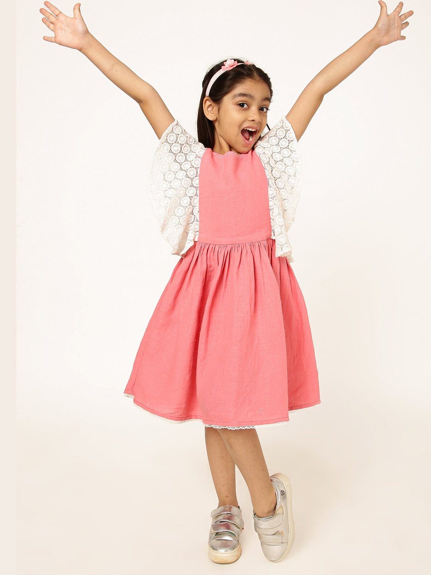 A Little Fable Girls Coral & White Self Design Dress