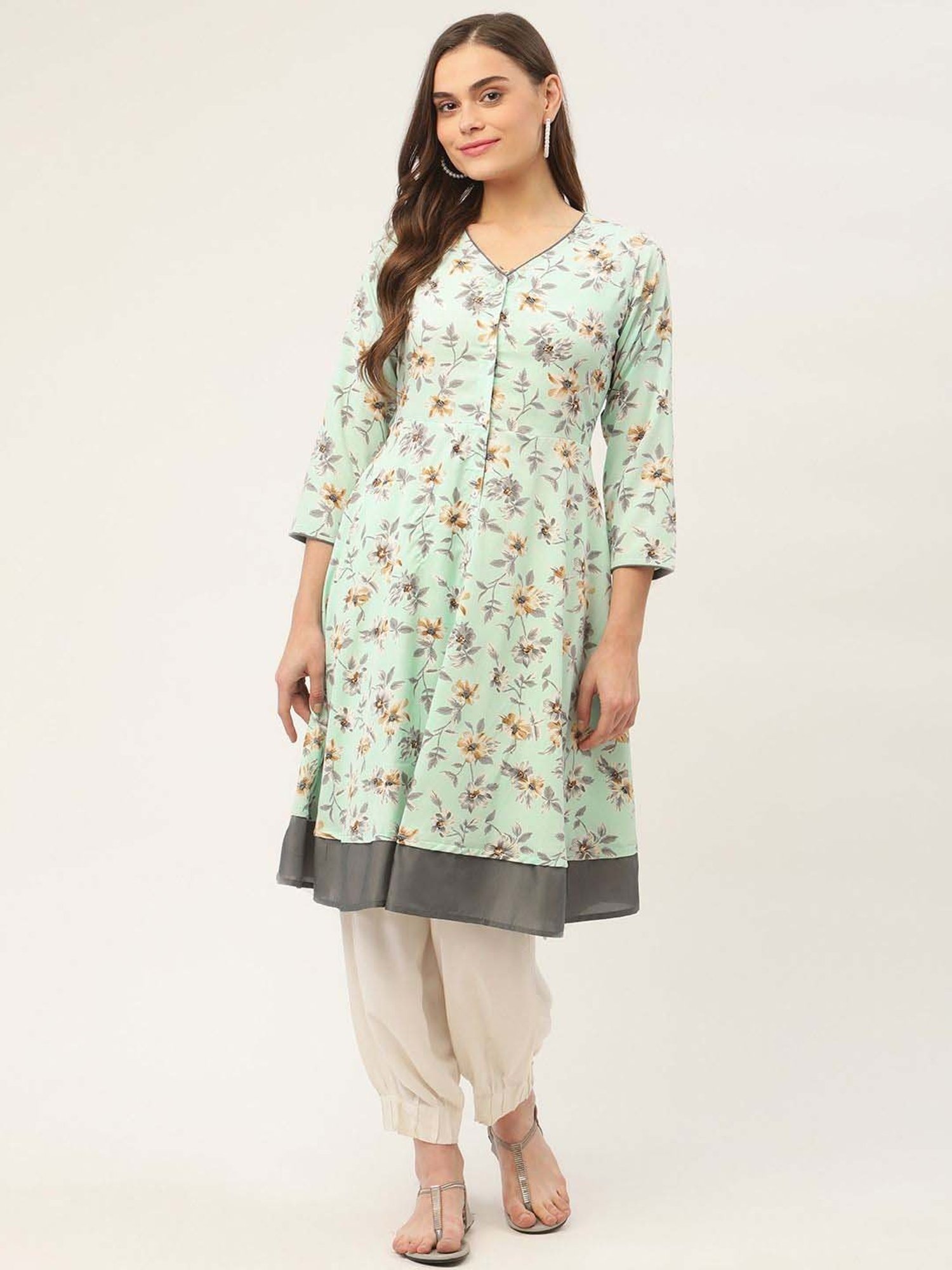 Jompers Green Pure Cotton Floral Print Flared Kurta