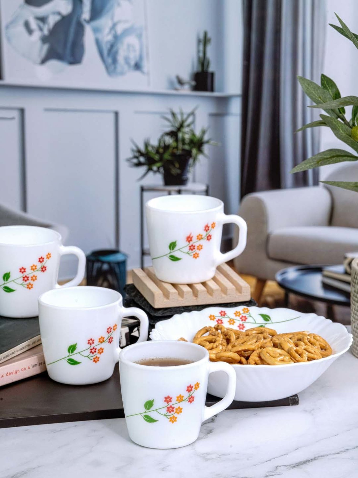 Cello White Opalware 4 Ricca Mug & 1 Bowl  (0.18 L)