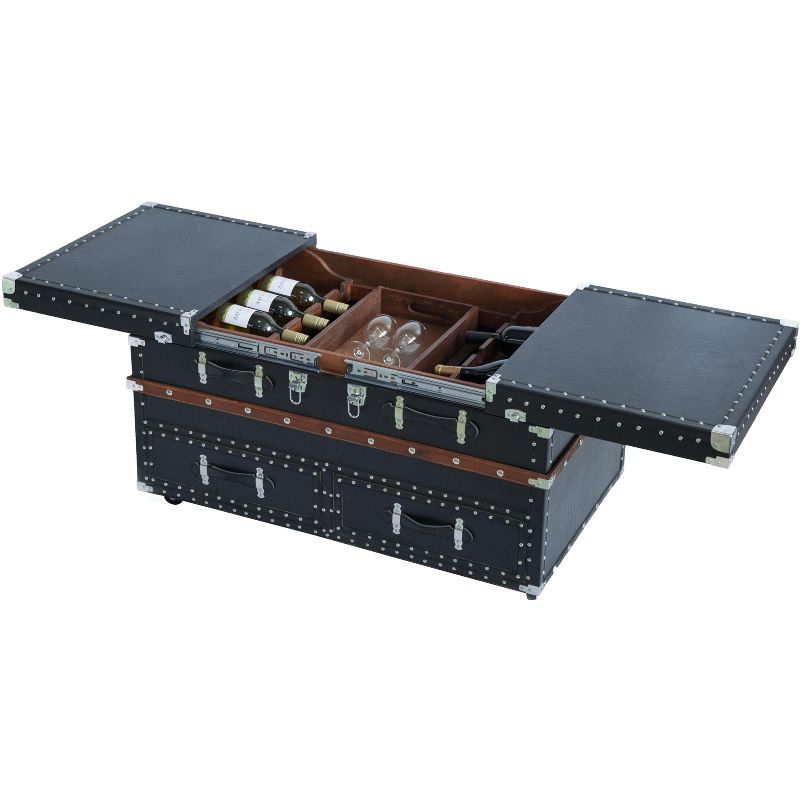 Vintiquewise Black Crocodile Leather Coffee End Table and Wine Bar Trunk with Sliding Top and Drawers