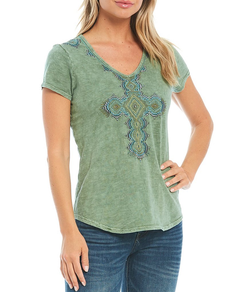 Reba Angelica Embroidered Cross V-Neck Short Sleeve Tee