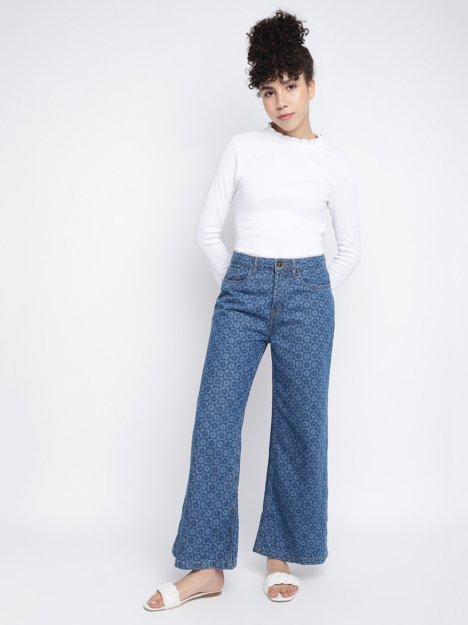 Tales & Stories Blue Printed High Rise Jeans