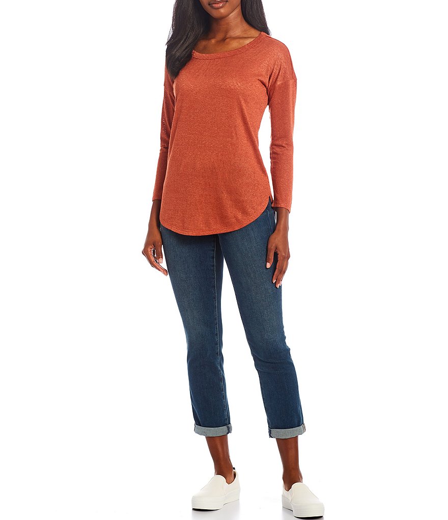 Bobeau Slub Knit Round Neck 3/4 Sleeve Hi-Low Top