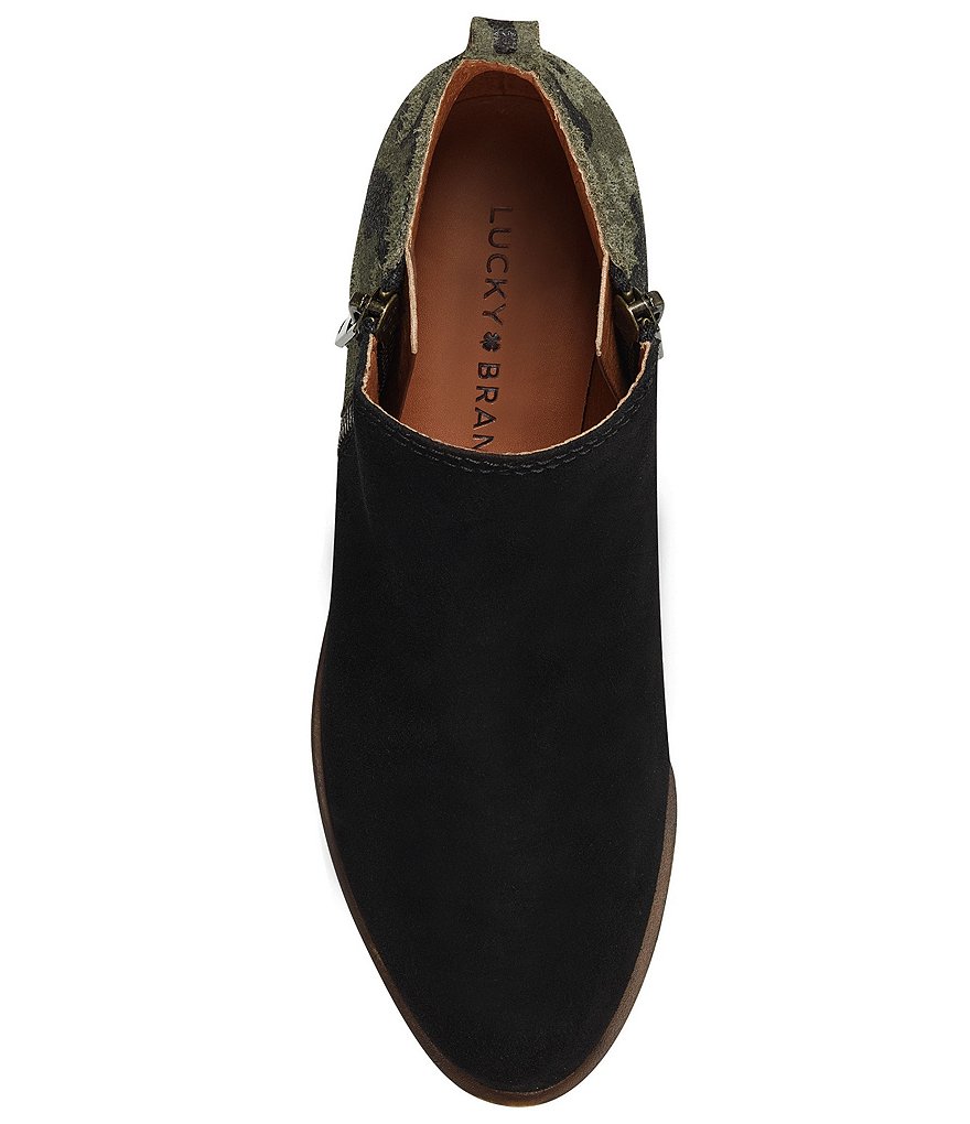Lucky Brand Basel Camo Printed Suede Side Zip Block Heel Ankle Booties