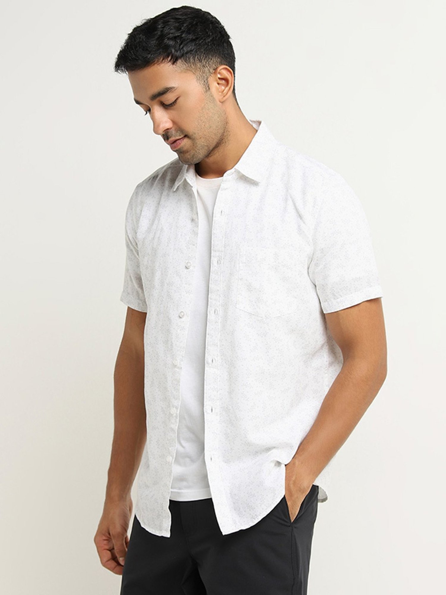 WES Casuals by Westside White Floral Blended Linen Slim Fit Shirt