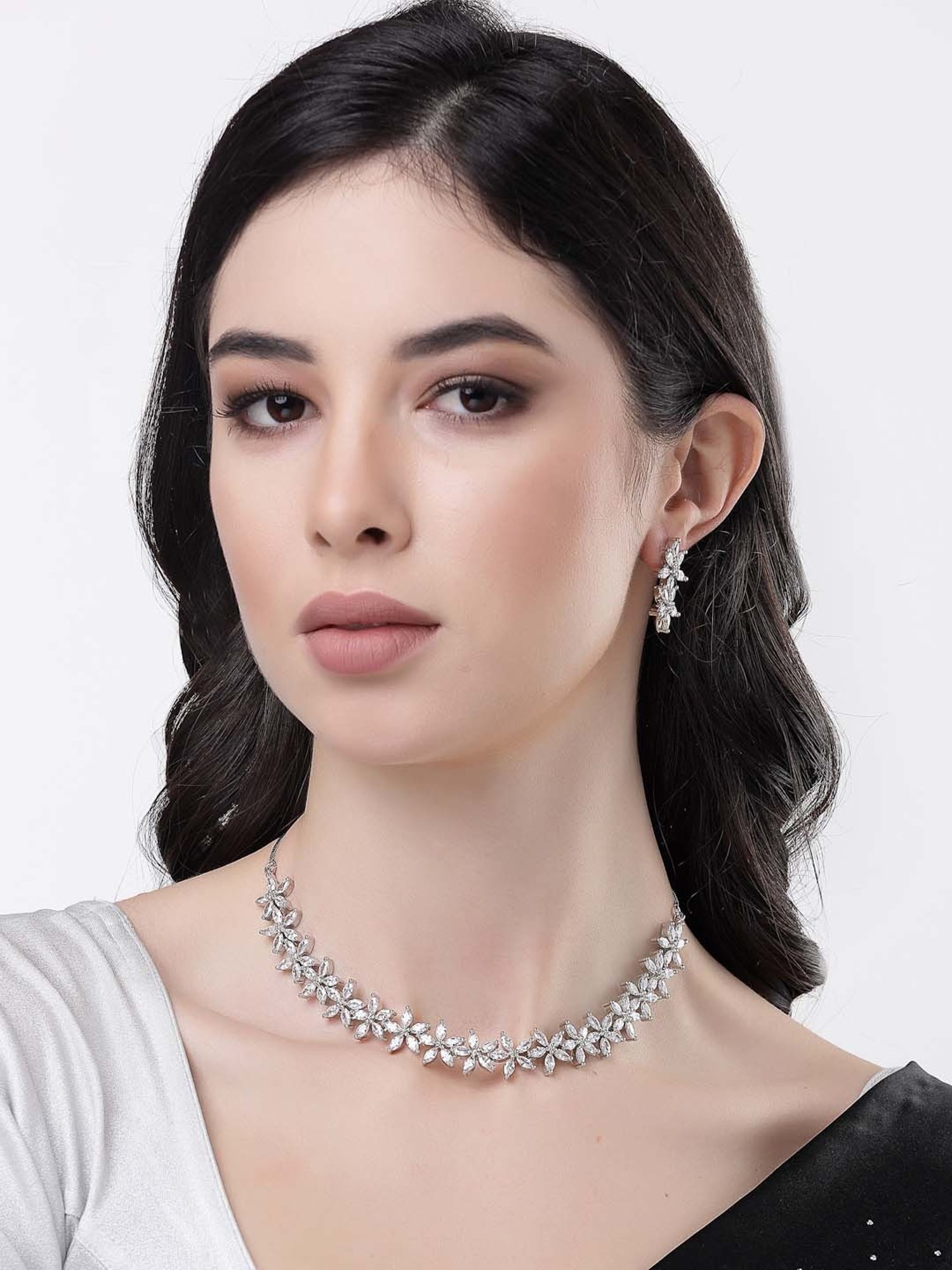 NVR Silver Plated CZ Stone Handcrafted Jewellery Set for Women