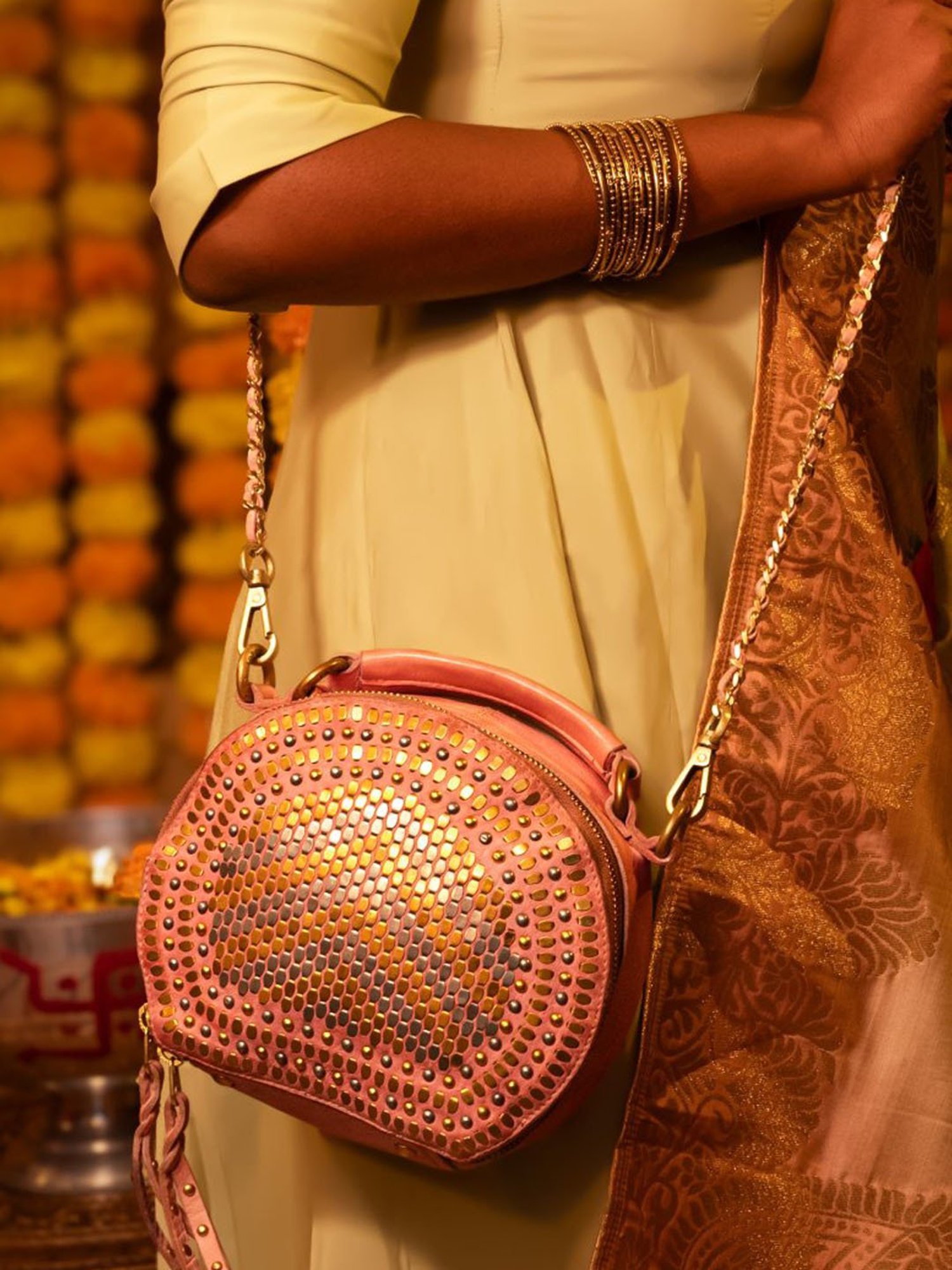 Art N Vintage Chic Riveted Elegance Blush Pink Leather Embellished Small Handbag