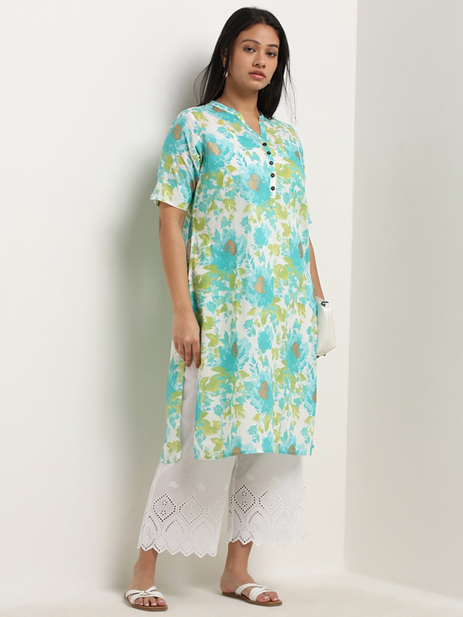 Diza by Westside White Schiffli Design High-Rise Cotton Palazzos