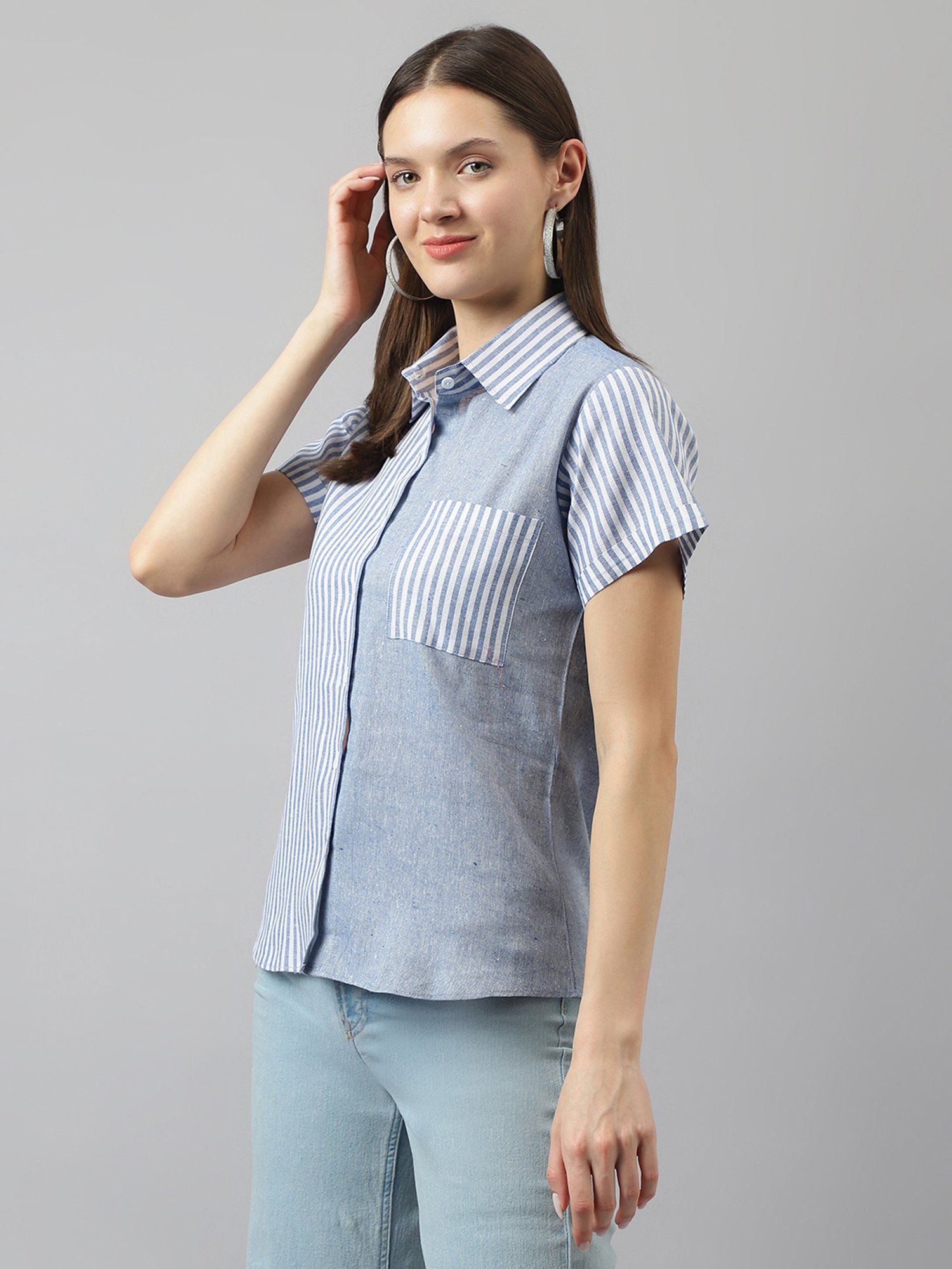 KERI PERRY Blue Cotton Striped Shirt