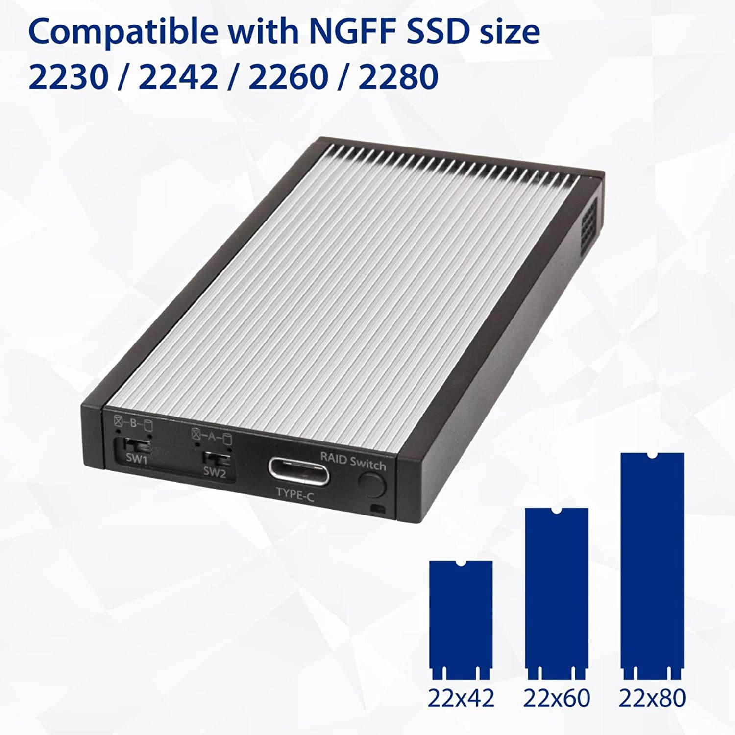 USB C Dual M.2 B-Key SSD RAID Enclosure Adapter, USB 3.1 Gen 2 Type C to Two M.2 SATA B Key Solid State Drive External RAID Enclosure Support RAID 0, RAID 1, JBOD and Individual Mode