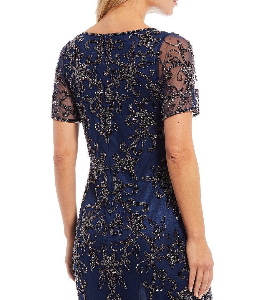 Pisarro Nights Illusion Yoke Beaded Illusion Neck Short Sleeve Midi Sheath Dress