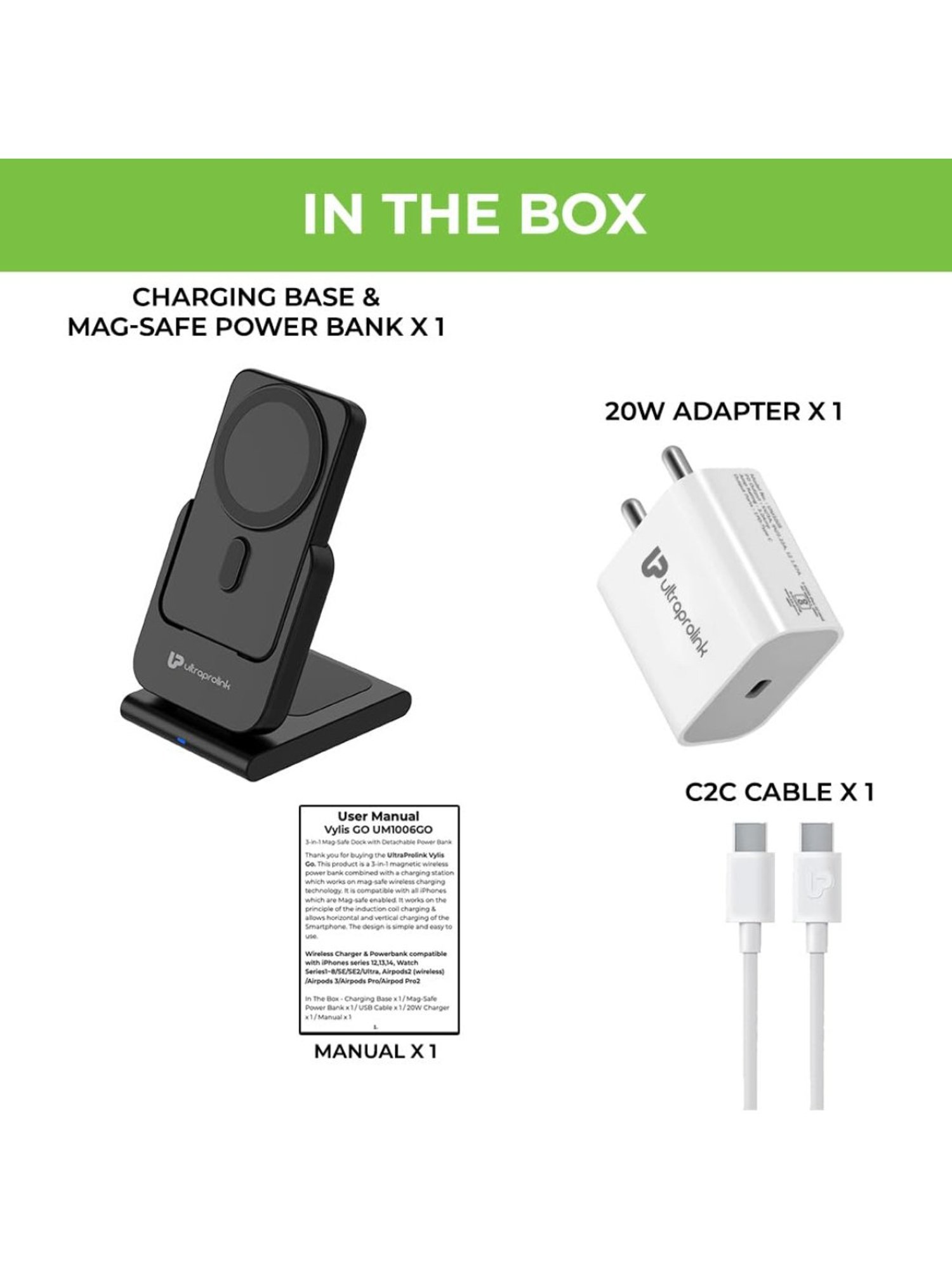 ULTRAPROLINK UM1006GO 3in1 Folding 20W Magnetic Power Bank for iWatch, Airpods &  Earbuds (Black)