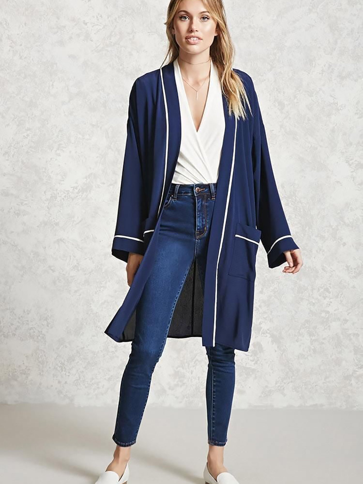 Forever 21 Navy & White Regular Fit Cardigan