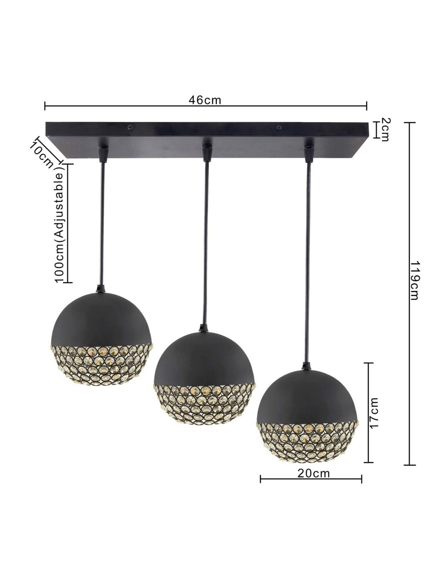 Homesake 3-Lights Linear Cluster Black Metal Crystal Globe Pendant Light - Set of 1