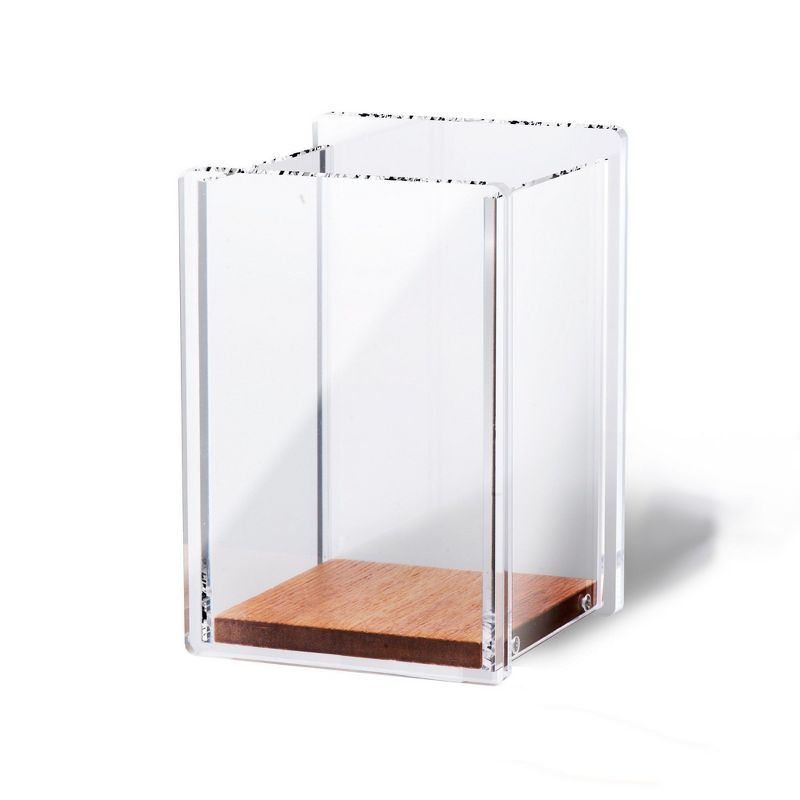 Zodaca Acrylic Pen Holder, Square Pencil Cup Desktop Organizer with Wood Base, Clear