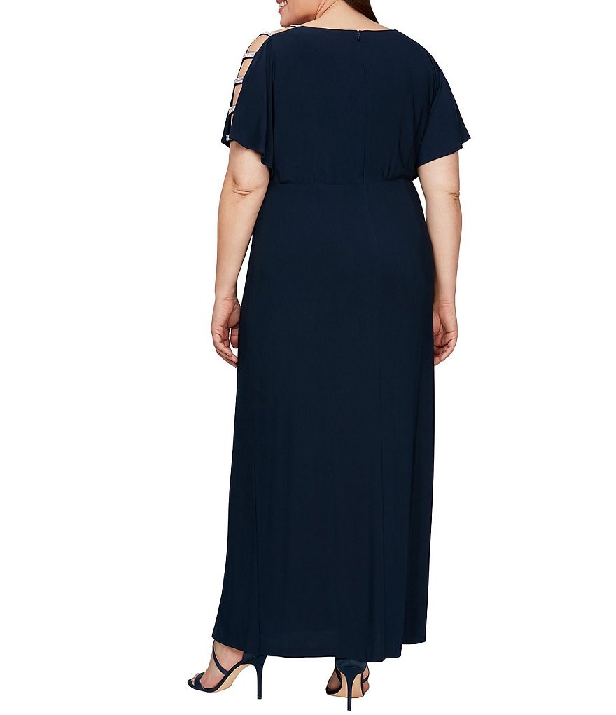Alex Evenings Plus Size V-Neck Embellished Short Sleeve Knot Front Stretch Matte Jersey Gown
