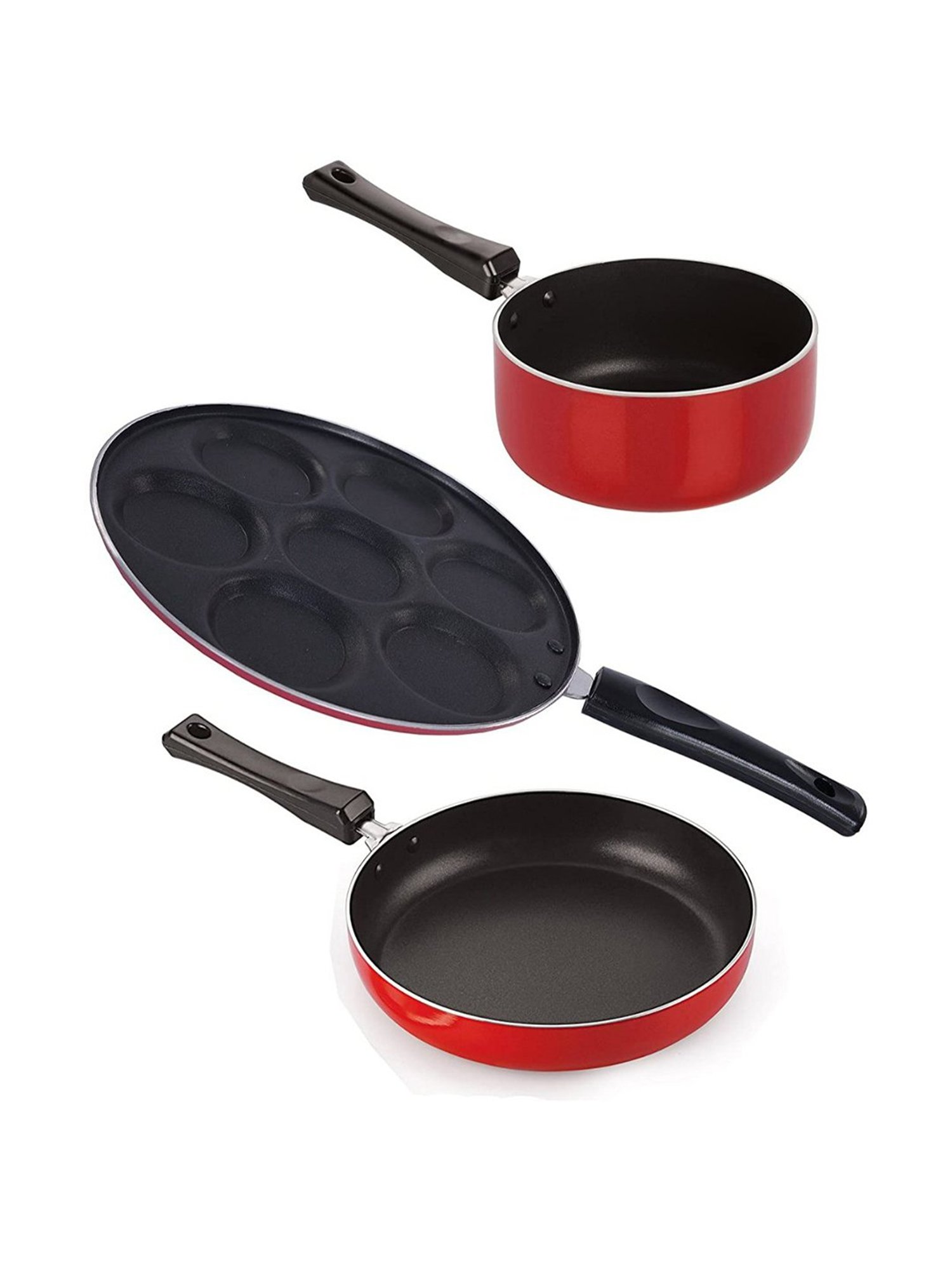 Nirlon Red Aluminium Non-Stick Frying Pan Sauce Pan and Uttapam Tawa Set of 3