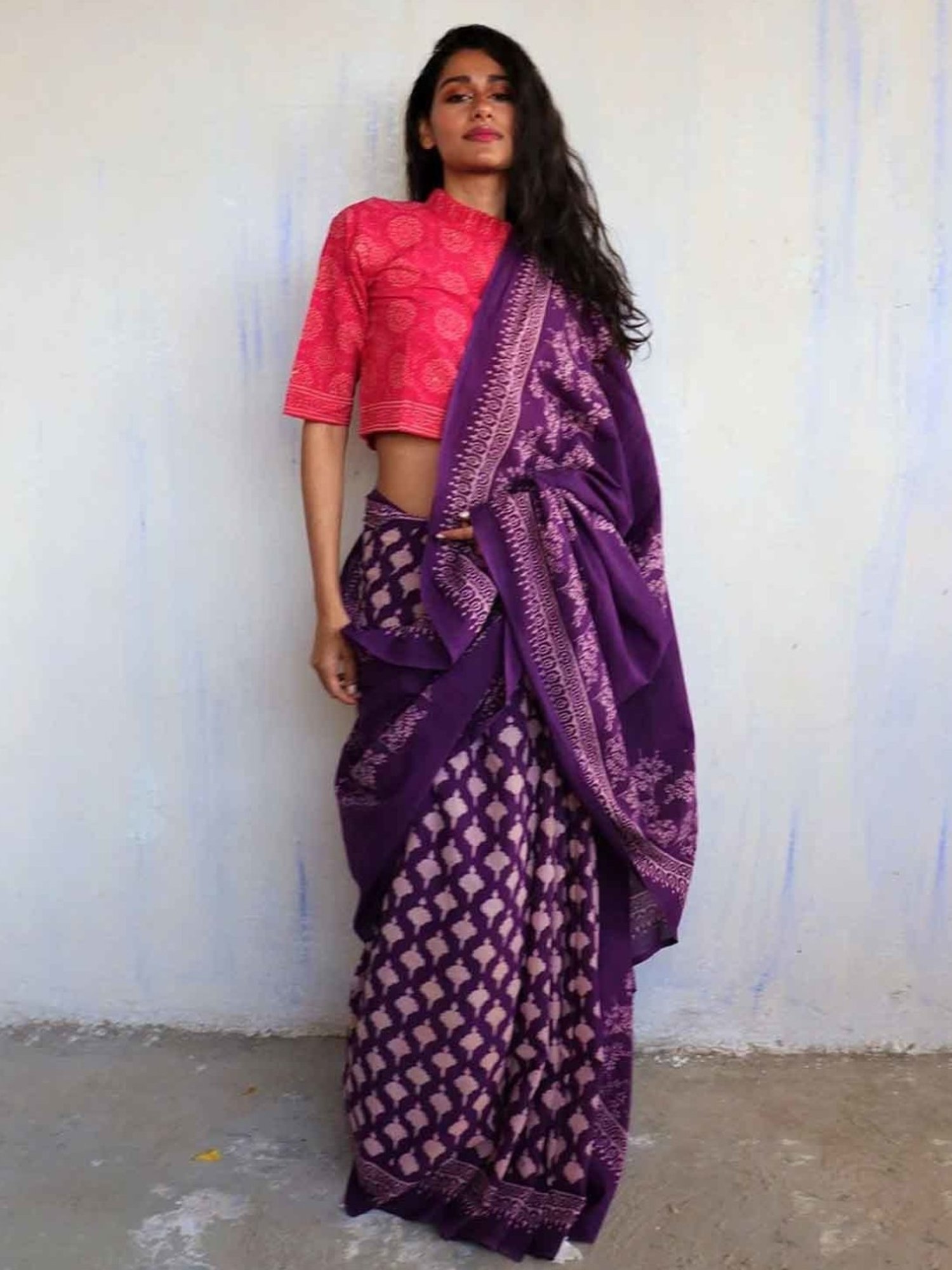 Chidiyaa Purple Block Printed Cotton Mulmul Saree - Butterfly Girls