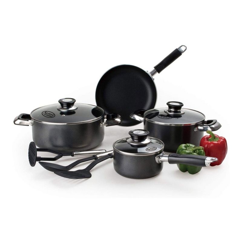 Alpine Cuisine 10 Piece Gourmet Home Kitchen Aluminum Non Stick Coating Cookware Pot and Pan Set, Gray