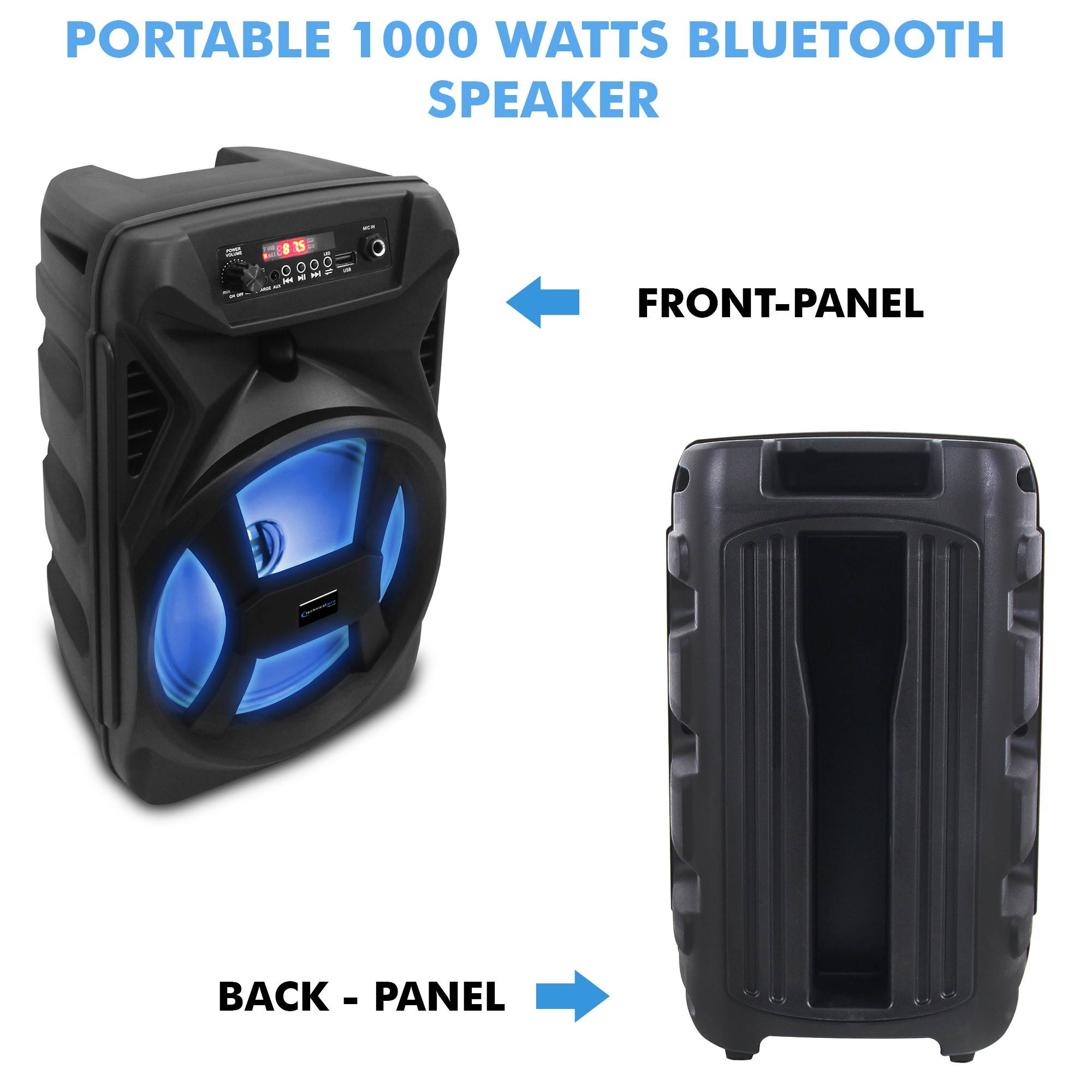 Technical Pro 8 Inch 500 Watts Portable Bluetooth Speaker with Woofer & Tweeter, Festival PA LED Speaker with Bluetooth/USB Card Inputs, True Wireless Stereo, 30 Feet Bluetooth Range