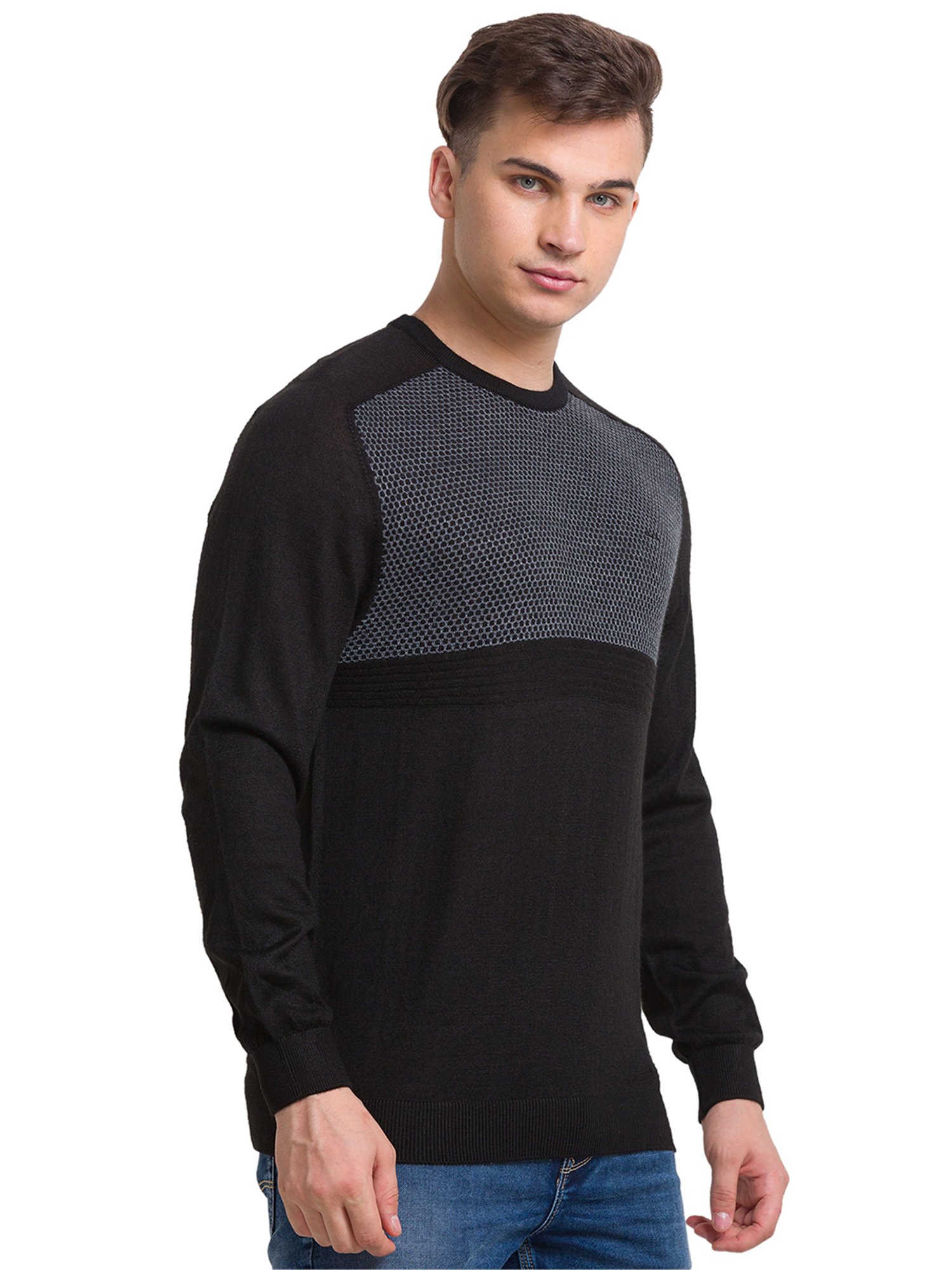 ColorPlus Black Tailored Fit Self Design Sweater