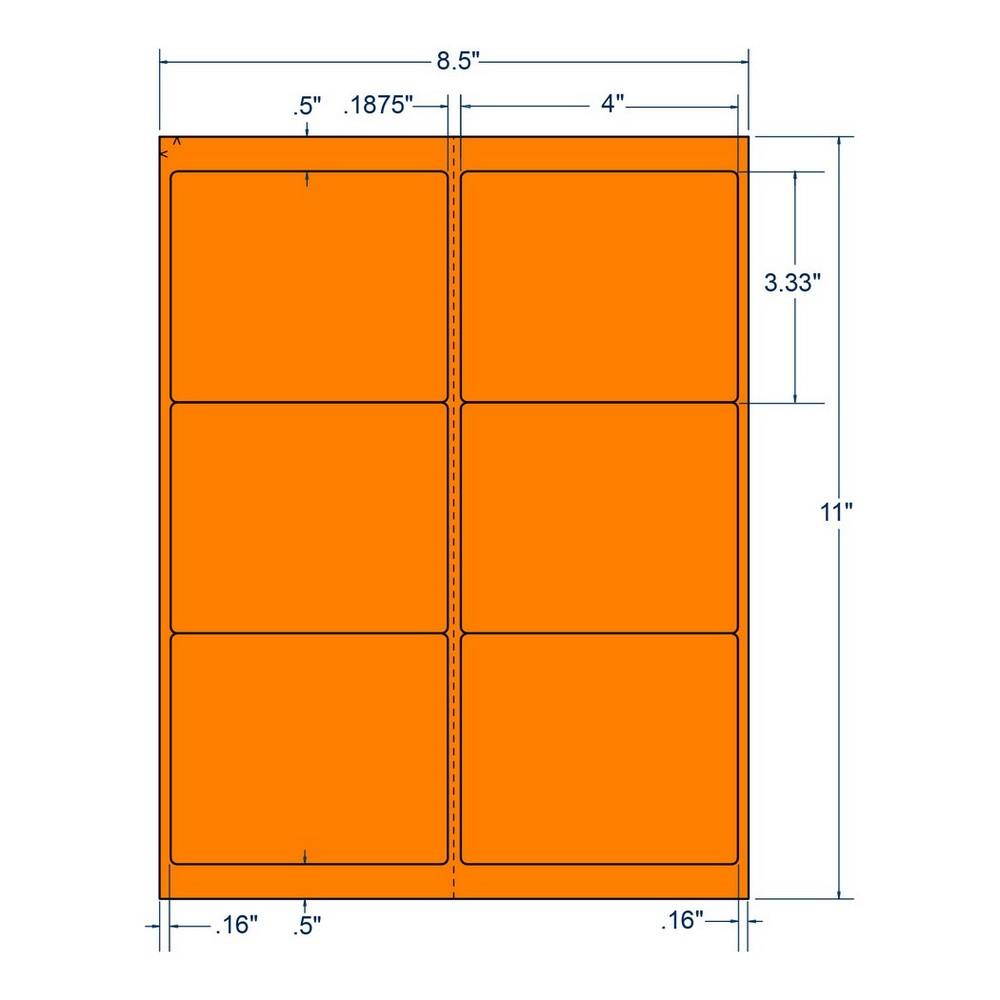 4" x 3.33" Fluorescent Orange Laser Printer Shipping Label, 6 Labels per Sheet (100 Sheets per Carton)