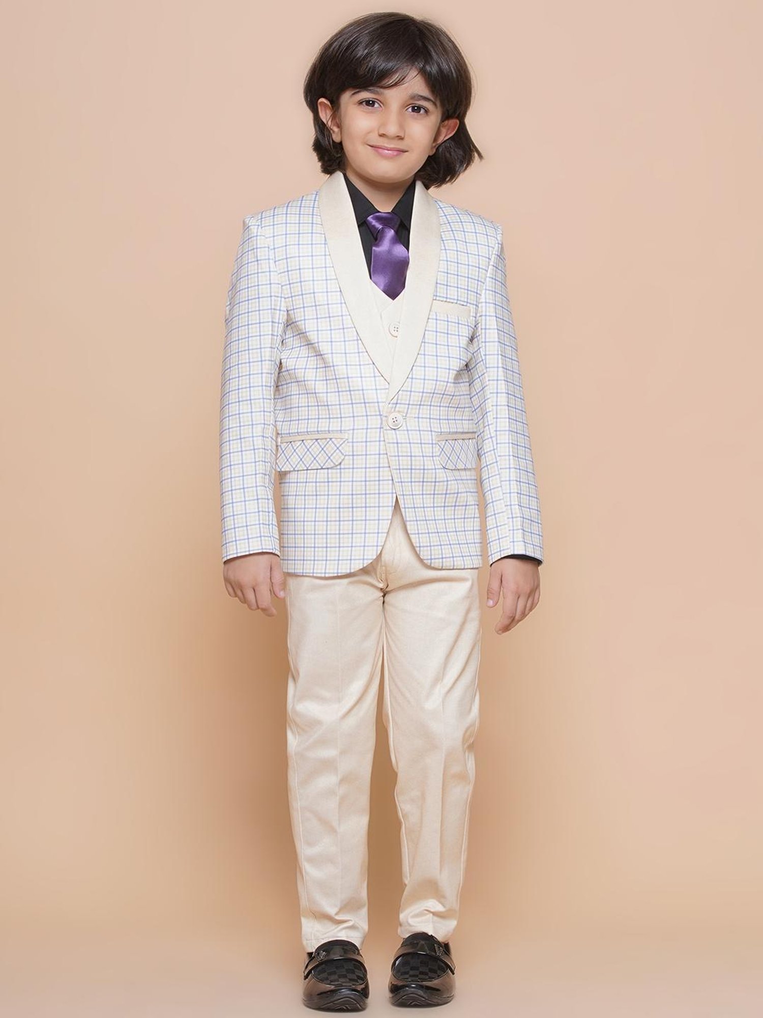AJ Dezines Kids Blue & Cream Checks Full Sleeves Shirt, Pants, Coat, Waistcoat with Tie