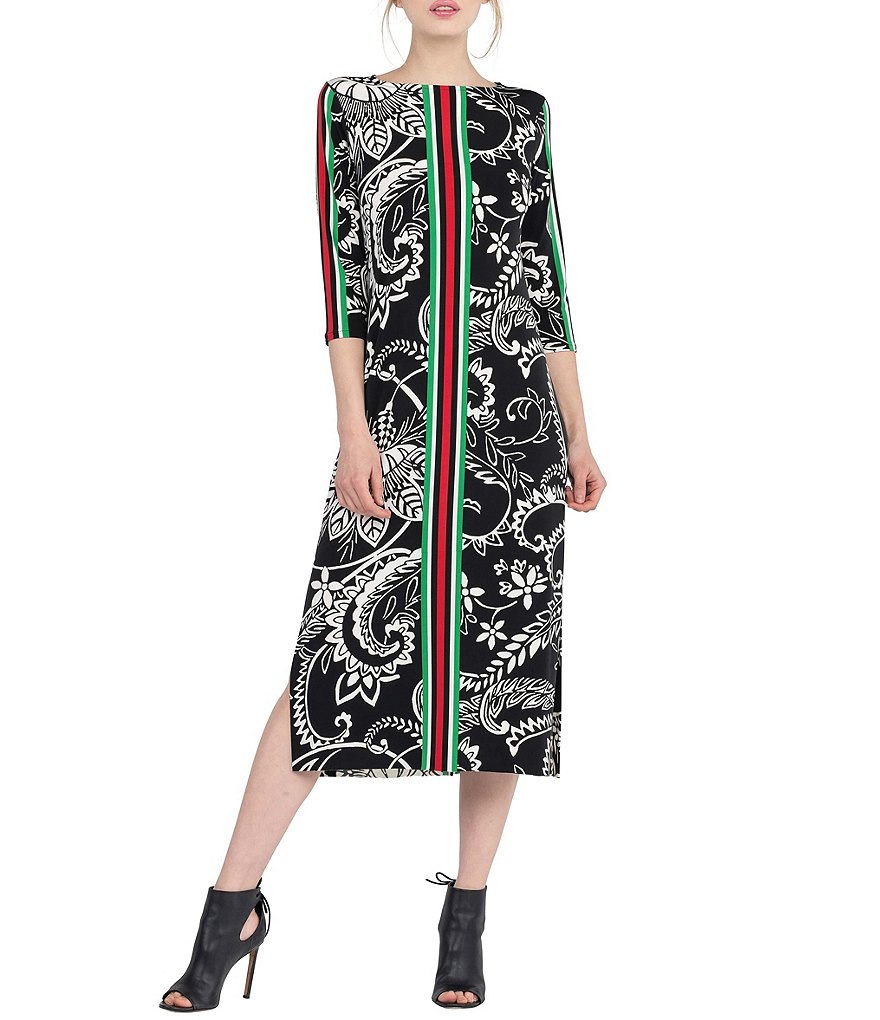 Eva Varro Boat Neck 3/4 Sleeve Placement Stripe Paisley Print Knit Side Slit Midi Dress