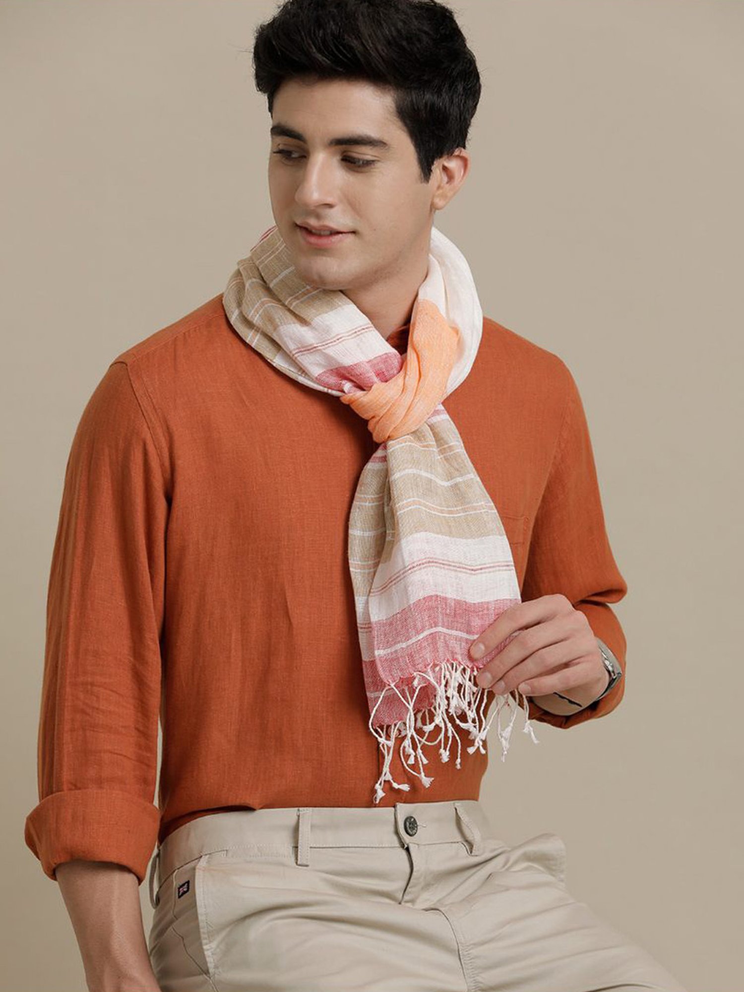 Linen Club Red Striped Pure Linen Stole