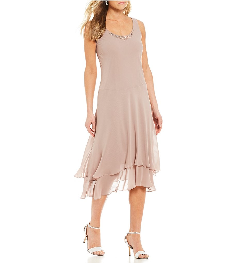 Ignite Evenings Petite Size Scoop Neck Long Sleeve Sequined Shoulder Midi Length 2-Piece Jacket Dress