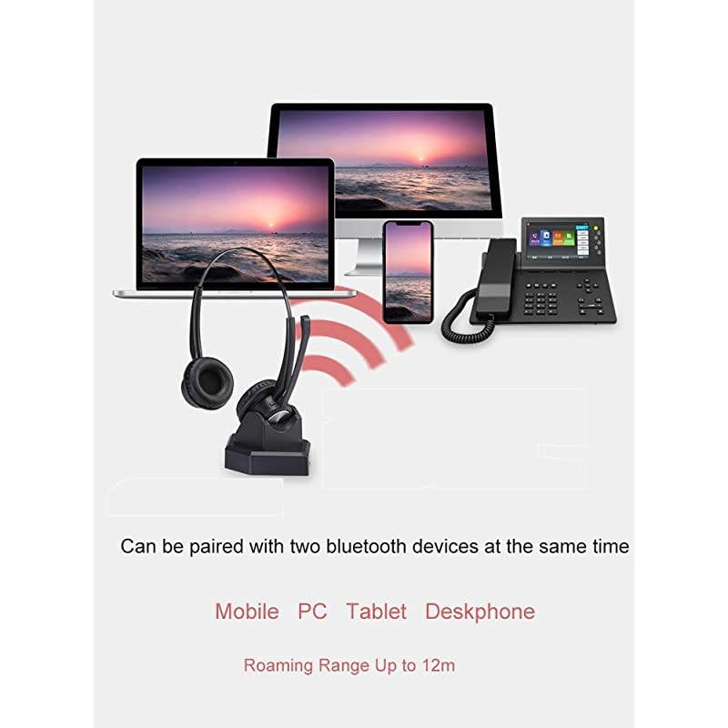 Wireless Telephone Headset with Noise Cancelling Microphone for Call Centers Office Bluetooth Headset for Cell Phone PC Skype Softphone Car Trucker Driver Over The Head with Charging Dock
