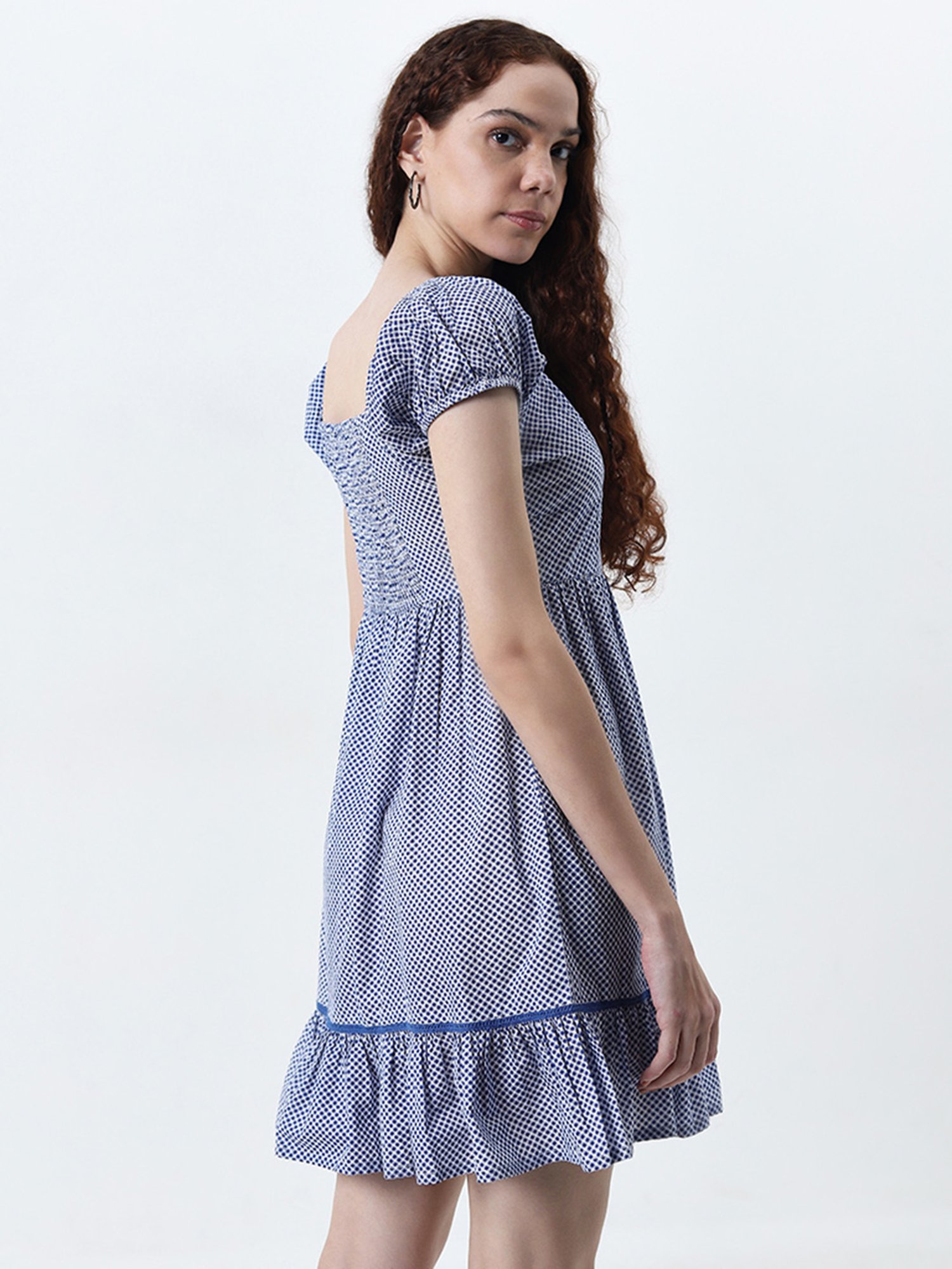 Bombay Paisley by Westside Blue Checks Printed A-Line Cotton Dress