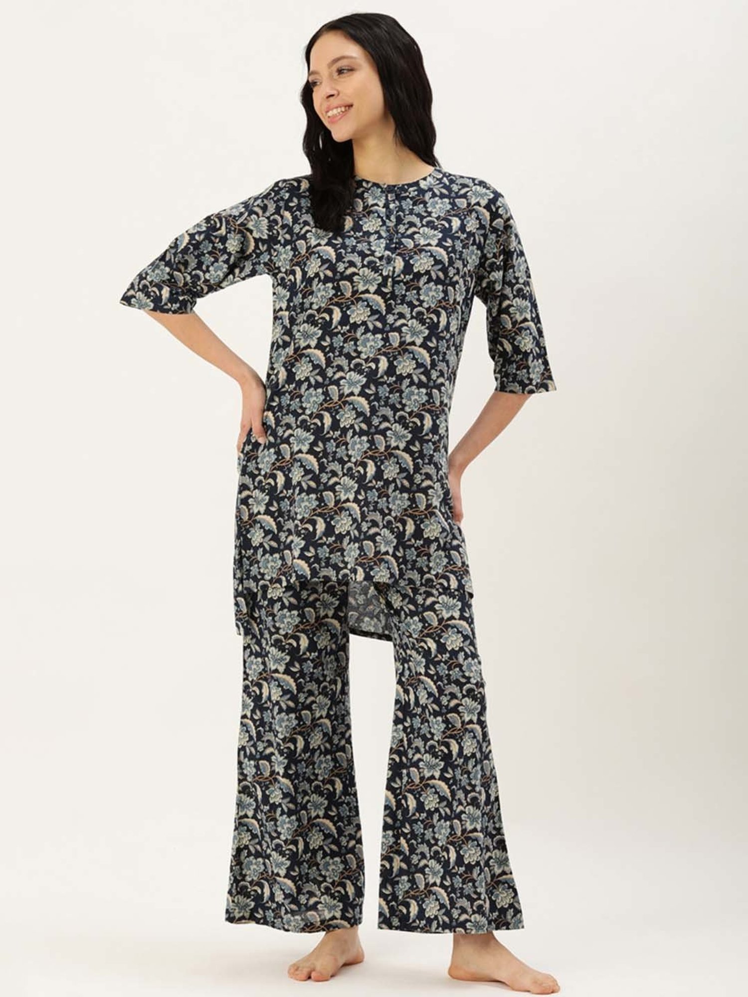 Clt.s Blue Cotton Floral Print Kurti Palazzo Set