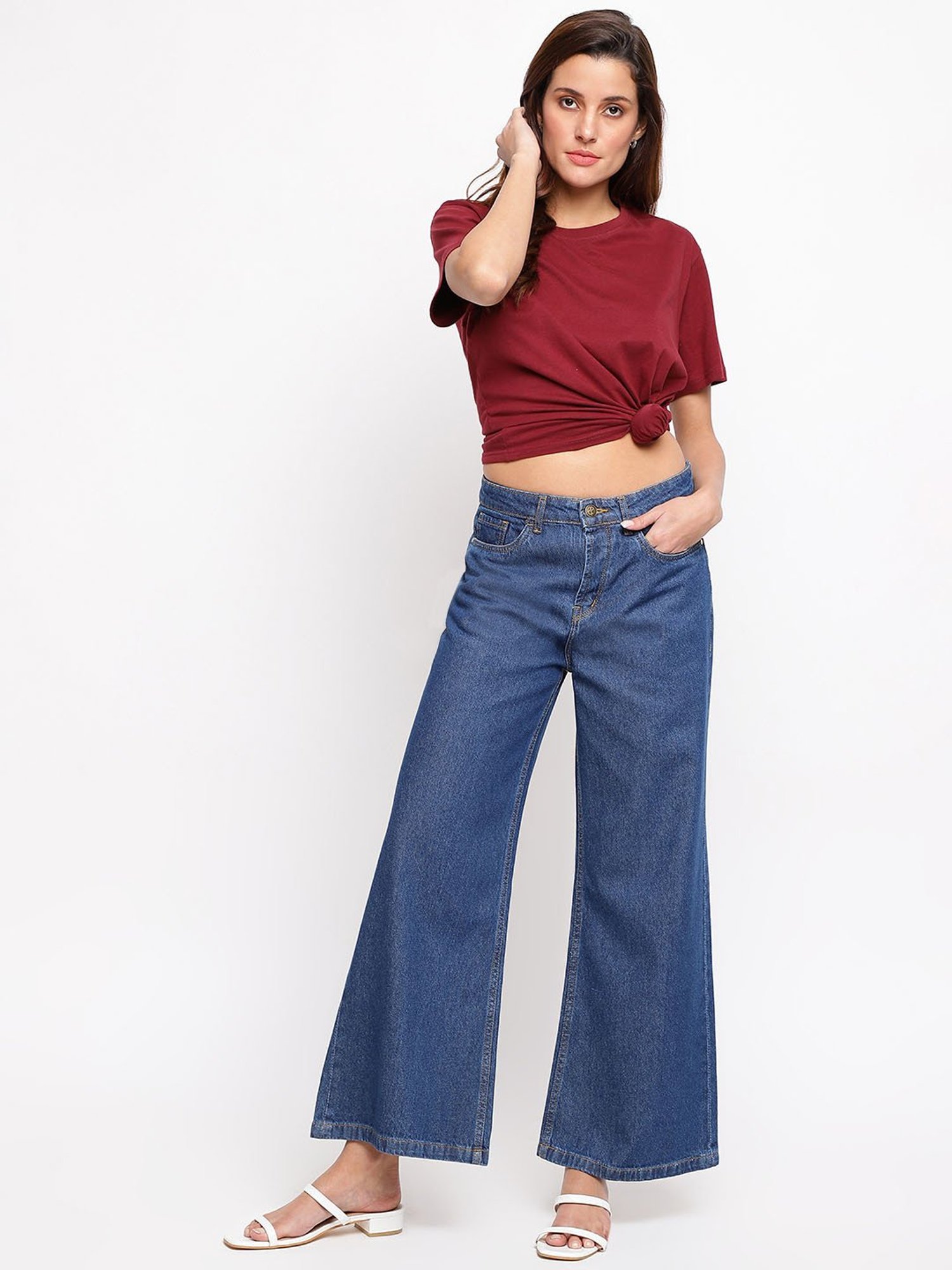 Tales & Stories Dark Blue Cotton Mid Rise Wide Leg Jeans