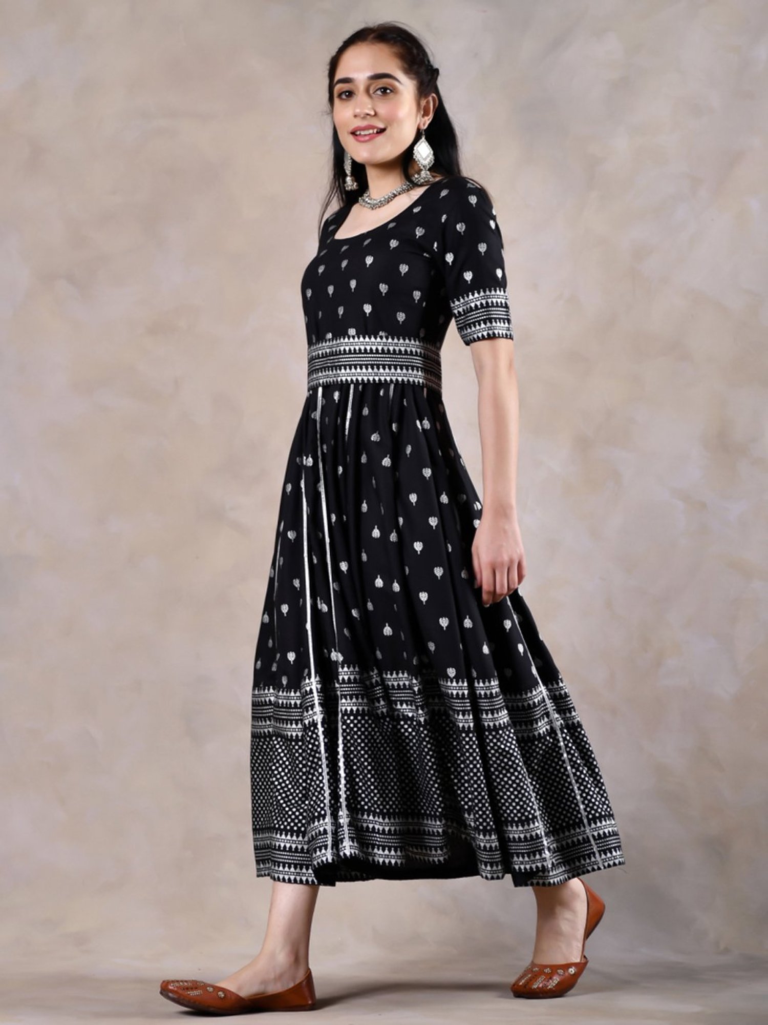 Rustorange Black Printed A-Line Dress