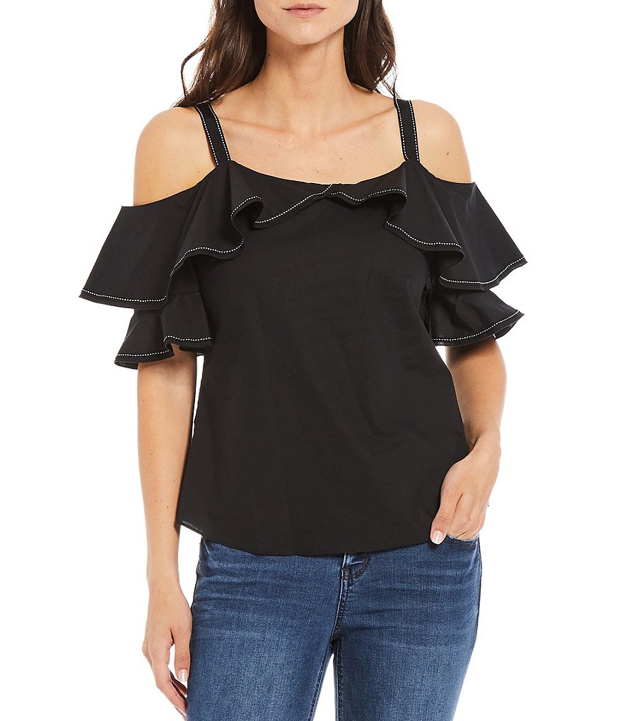 Gibson & Latimer Cold Shoulder Contrast Stitch Poplin Top