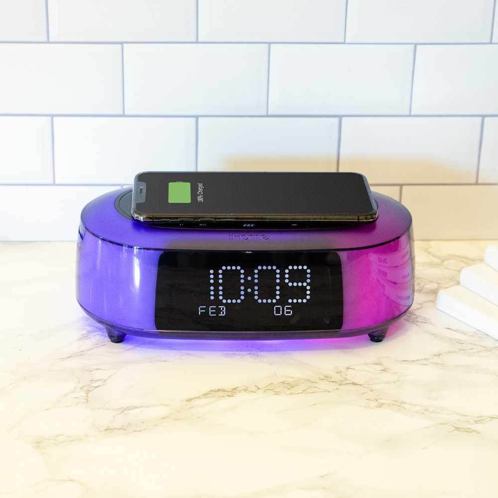 ihome ibtw281 alarm clock radio wake to light bluetooth speaker with color changing and wireless qi fast charging builtin dual alarm digital clock with dimmer, snooze, battery backup and usb charging