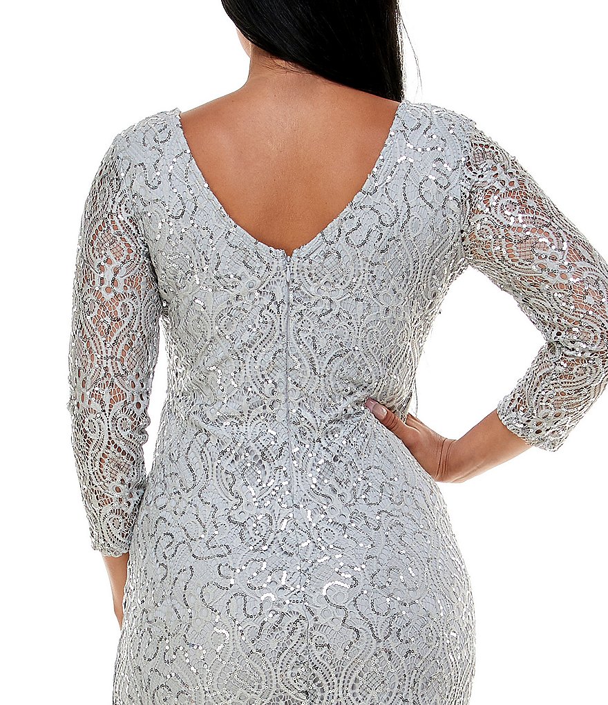 Kay Unger Long Bishop Sleeve V-Neck Crepe A-Line Dress