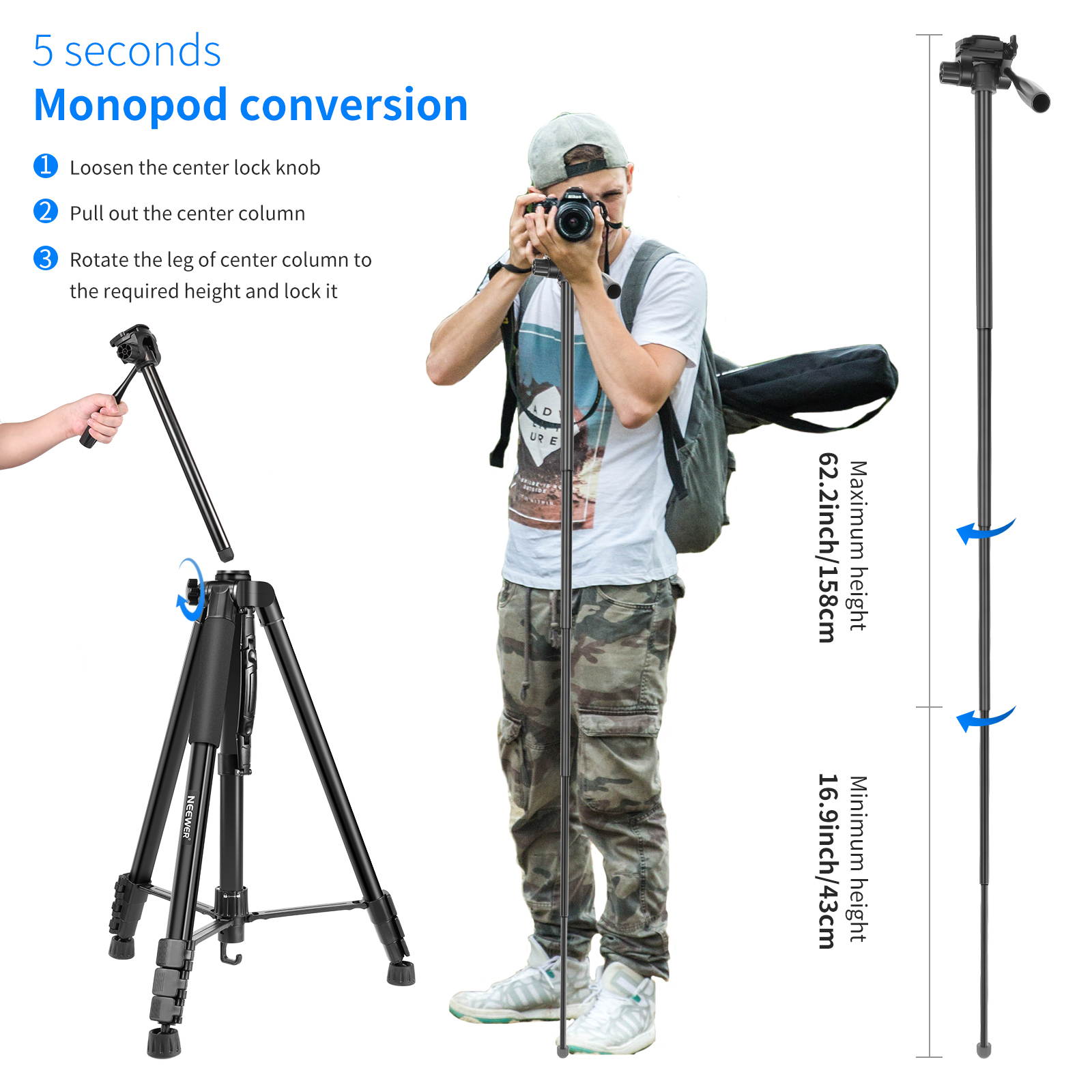 Neewer Camera Tripod, 2-in-1 Aluminum Alloy Tripod Monopod, Max. 72.8""/185 cm with 3-Way Swivel Pan Head, Phone Clip, Wireless Selfie  
Remote and Carrying Bag for DSLR Camera, DV Video Camcorder