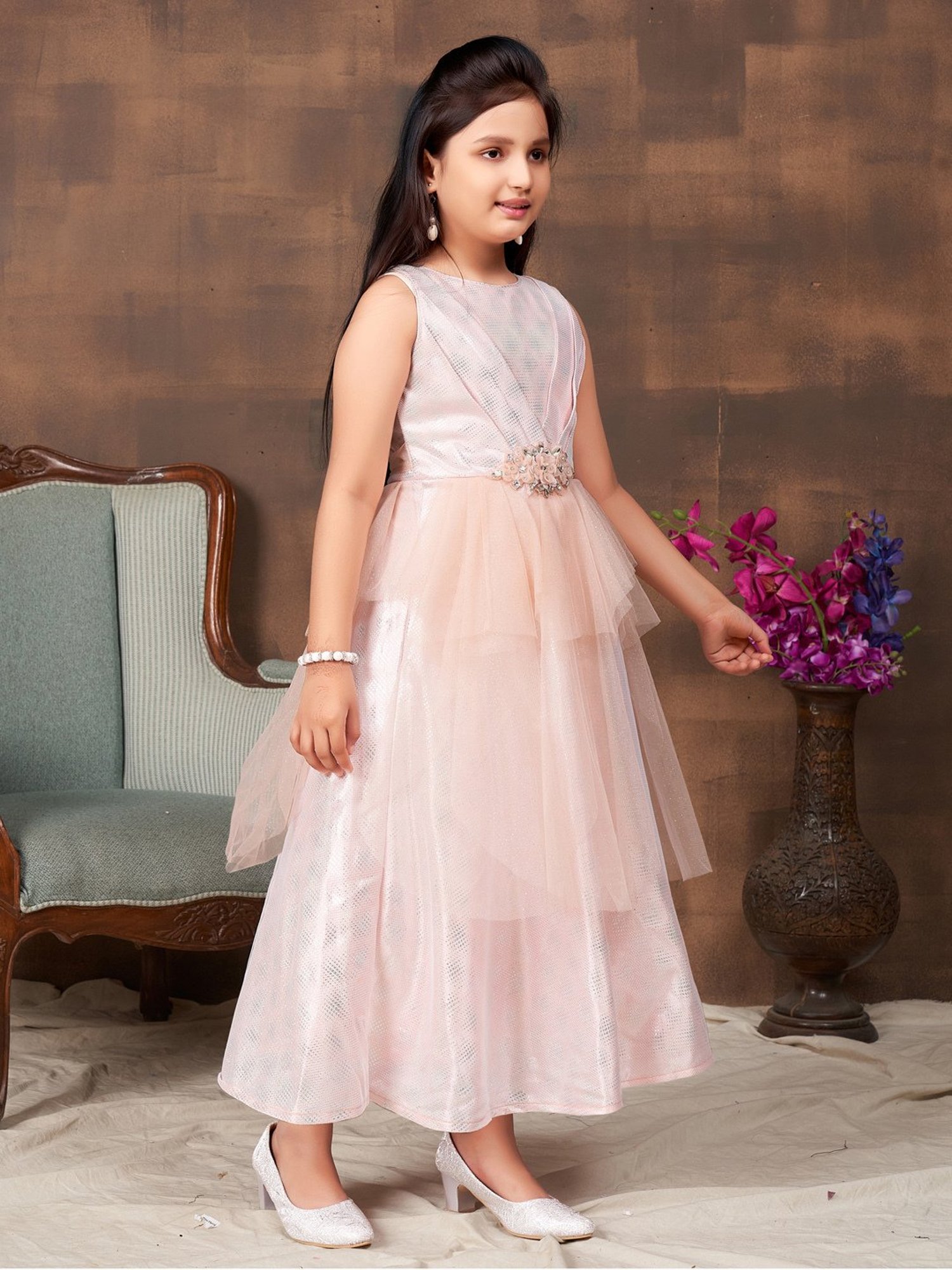Aarika Kids Peach Embellished Gown with Unstiched Sleeves