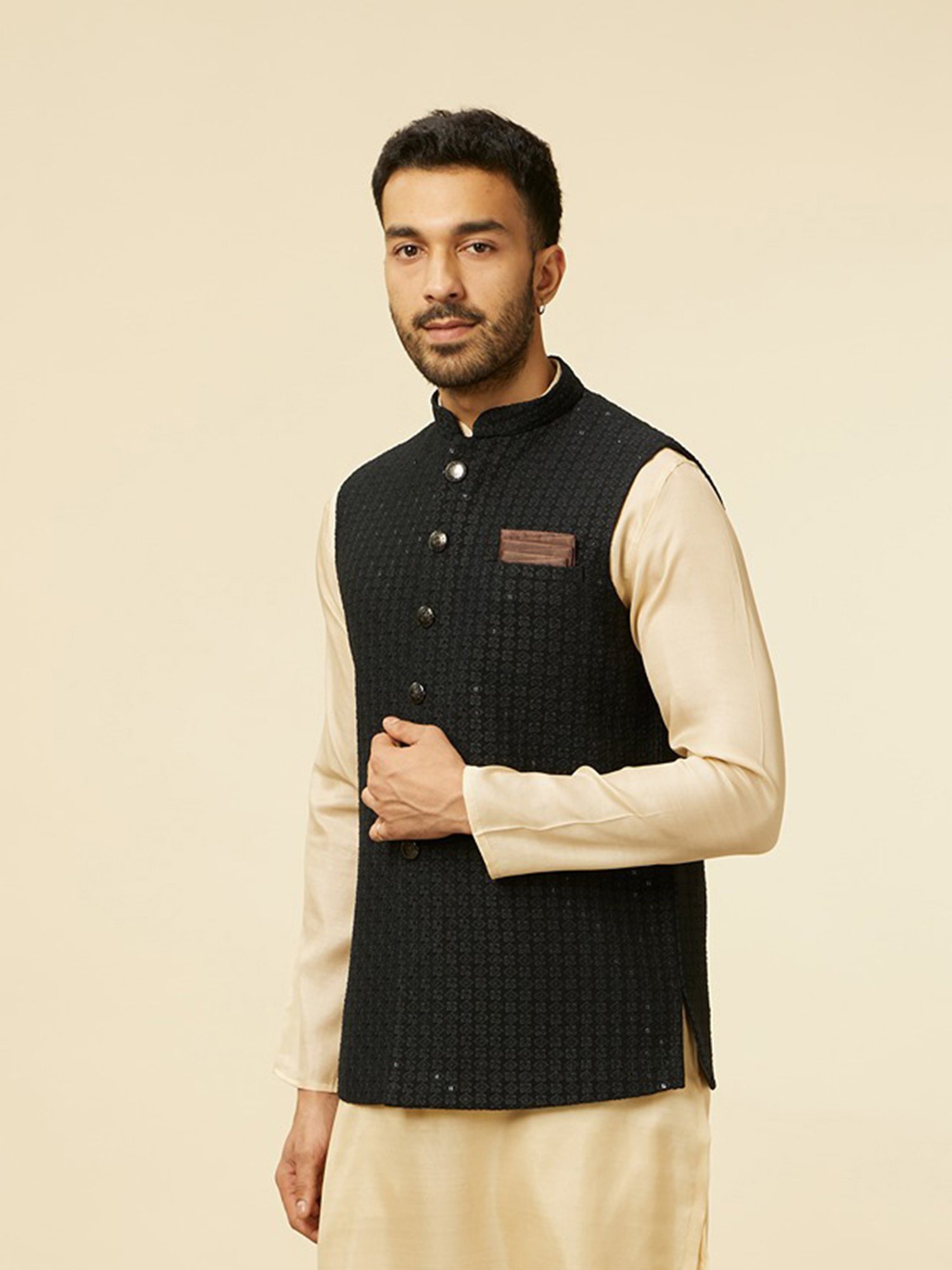 Manyavar Black Regular Fit Embroidered Nehru Jacket