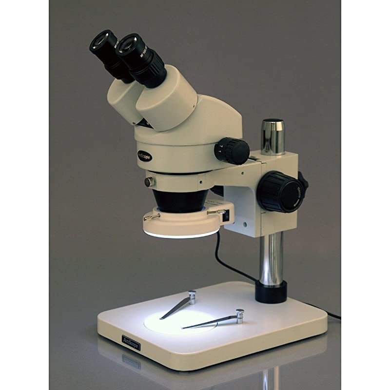 SM-1BSX-64S Professional Binocular Stereo Zoom Microscope, WH10x Eyepieces, 3.5X-45X Magnification, 0.7X-4.5X Zoom Objective, 64-Bulb LED Ring Light, Pillar Stand, 110V-240V, Includes 0.5x Barlow Len