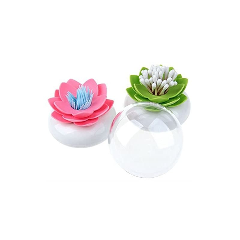 2 PACK  Lotus Cotton Swab Holder,Cotton Bud Small Q-tips Toothpicks Brushes Holder Box Case Storage Organizer Jar with Clear Lid Dustproof Cover Green + Pink